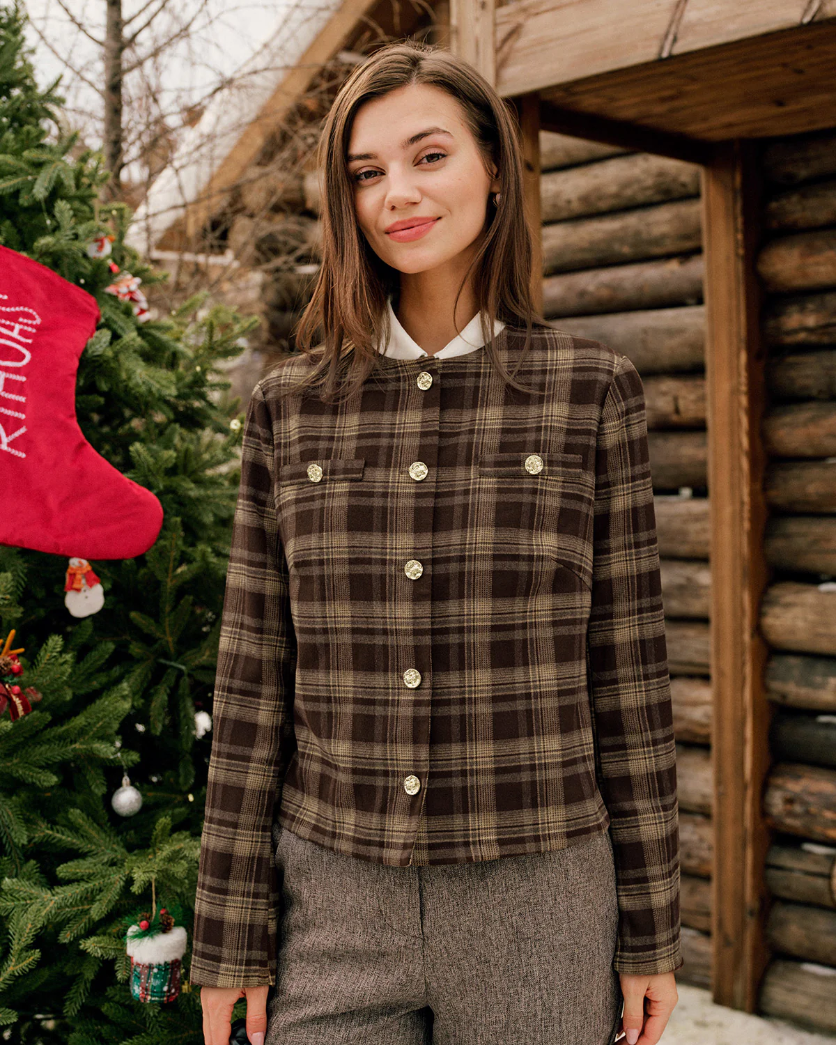 Brown Plaid Single Breasted Jacket - Image 3