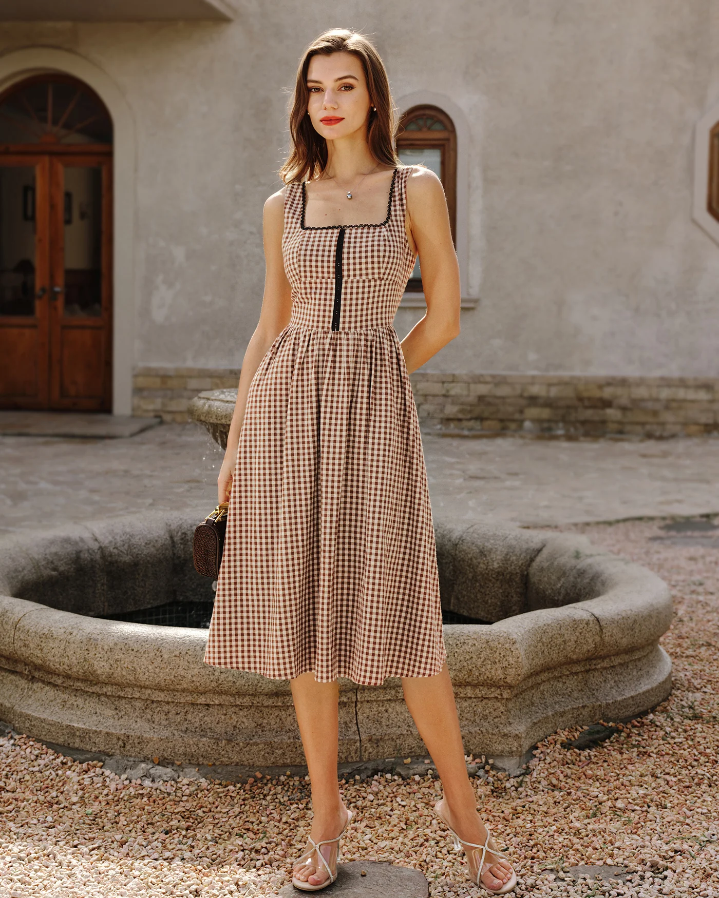 Brown Plaid Sleeveless Midi Dress - Image 10