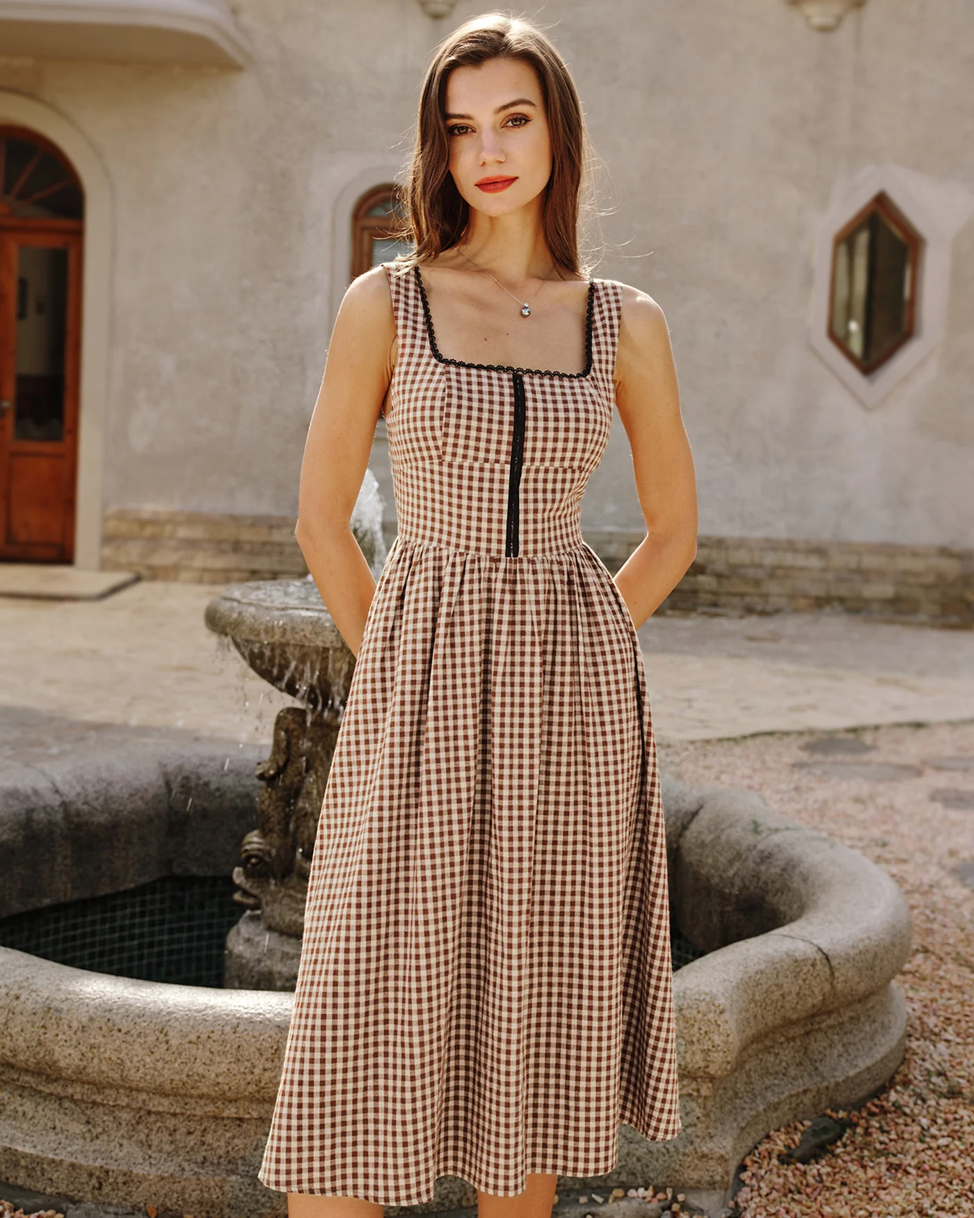 Brown Plaid Sleeveless Midi Dress - Image 7