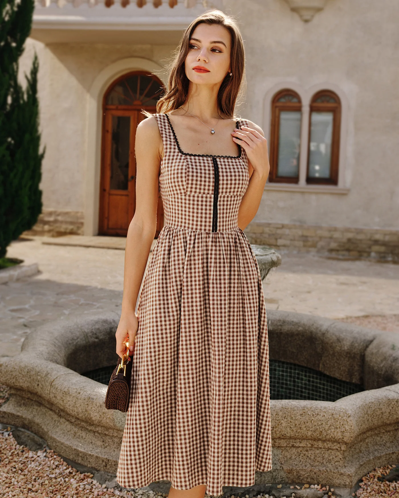 Brown Plaid Sleeveless Midi Dress - Image 8