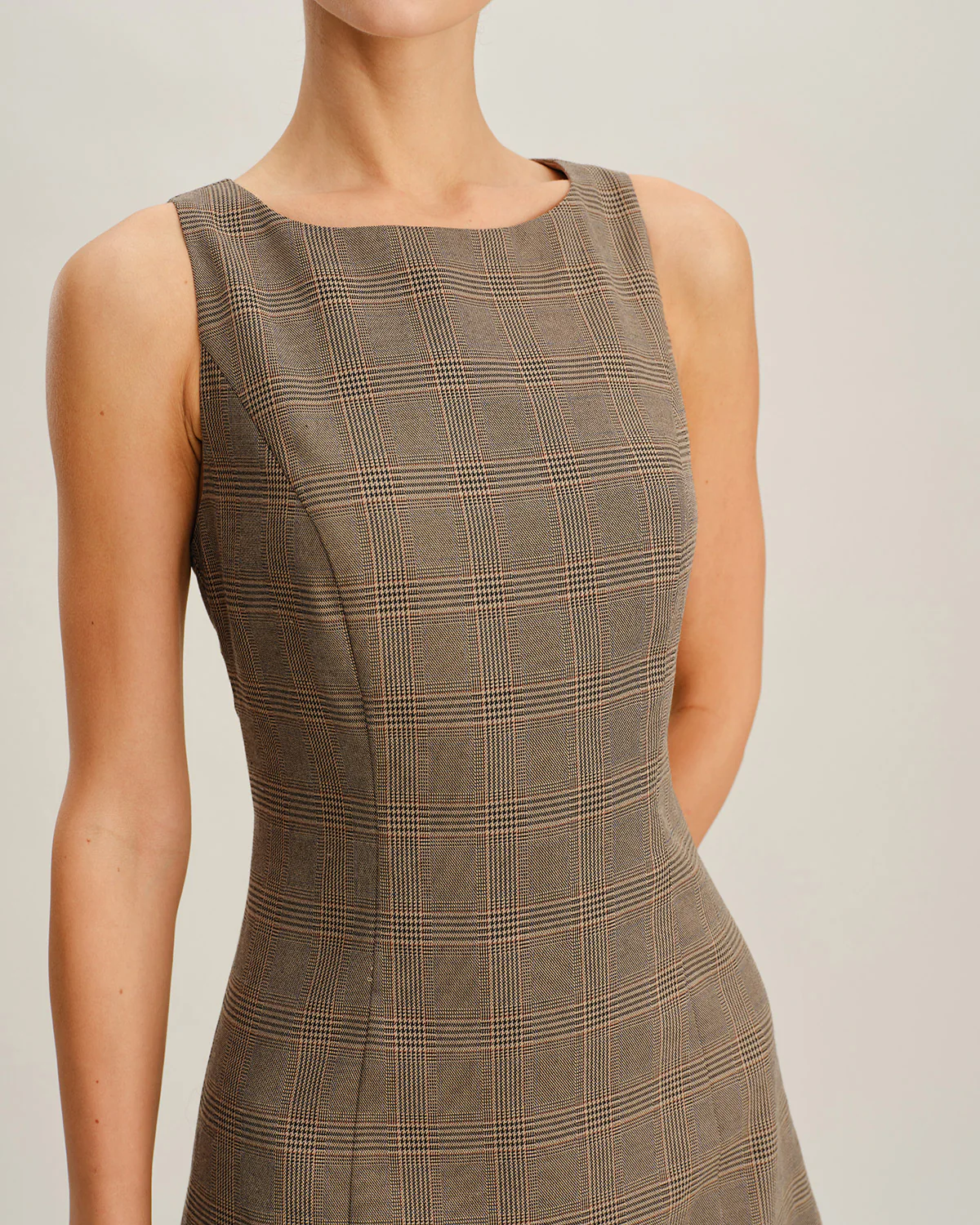Brown Plaid Sleeveless Mini Dress - Image 3