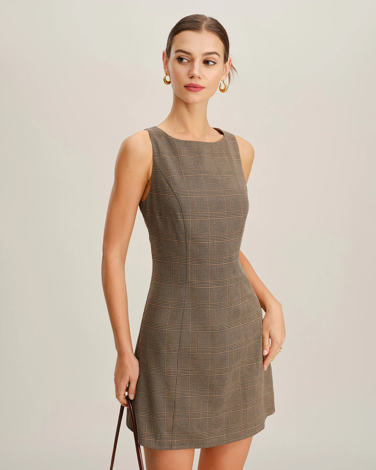 Brown Plaid Sleeveless Mini Dress - Image 4