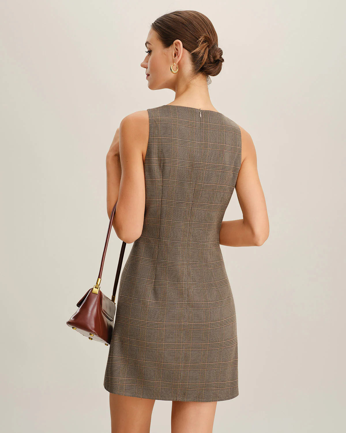 Brown Plaid Sleeveless Mini Dress - Image 5