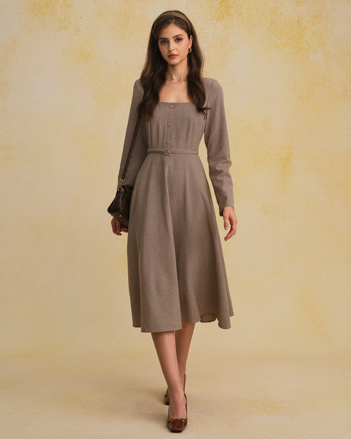 Brown Gingham Square Neck Belted Maxi Dress - Image 3