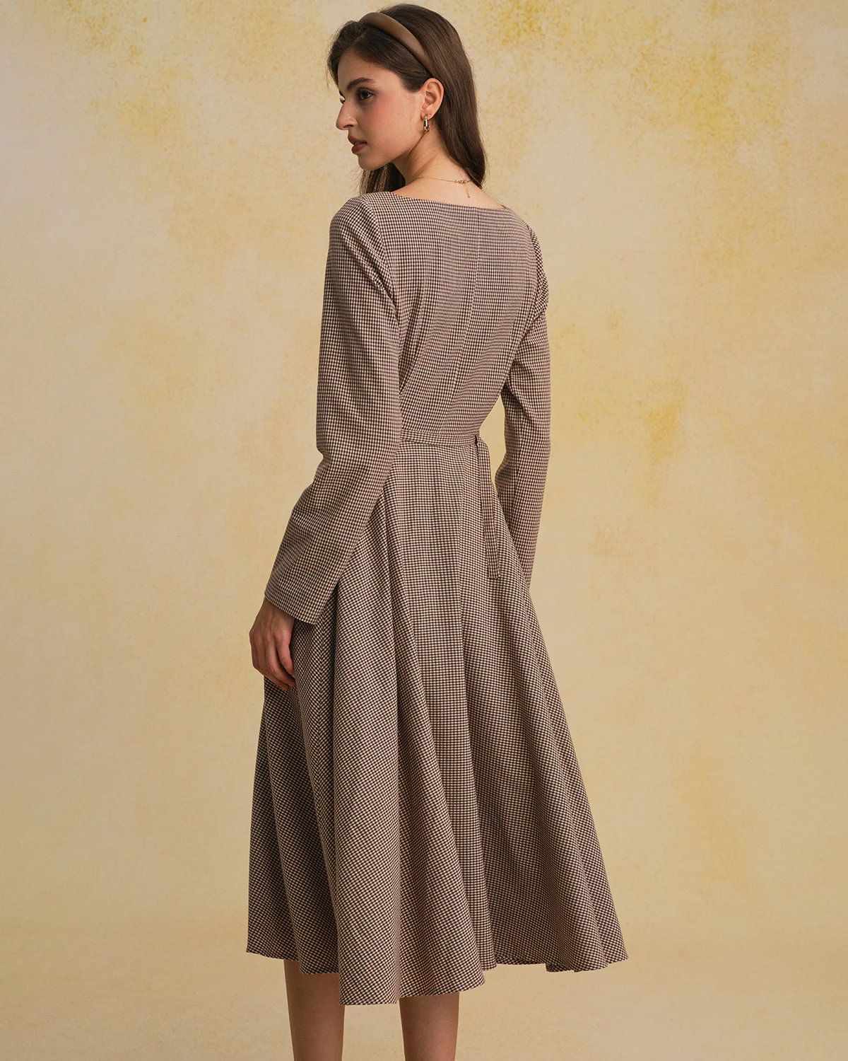 Brown Gingham Square Neck Belted Maxi Dress - Image 4