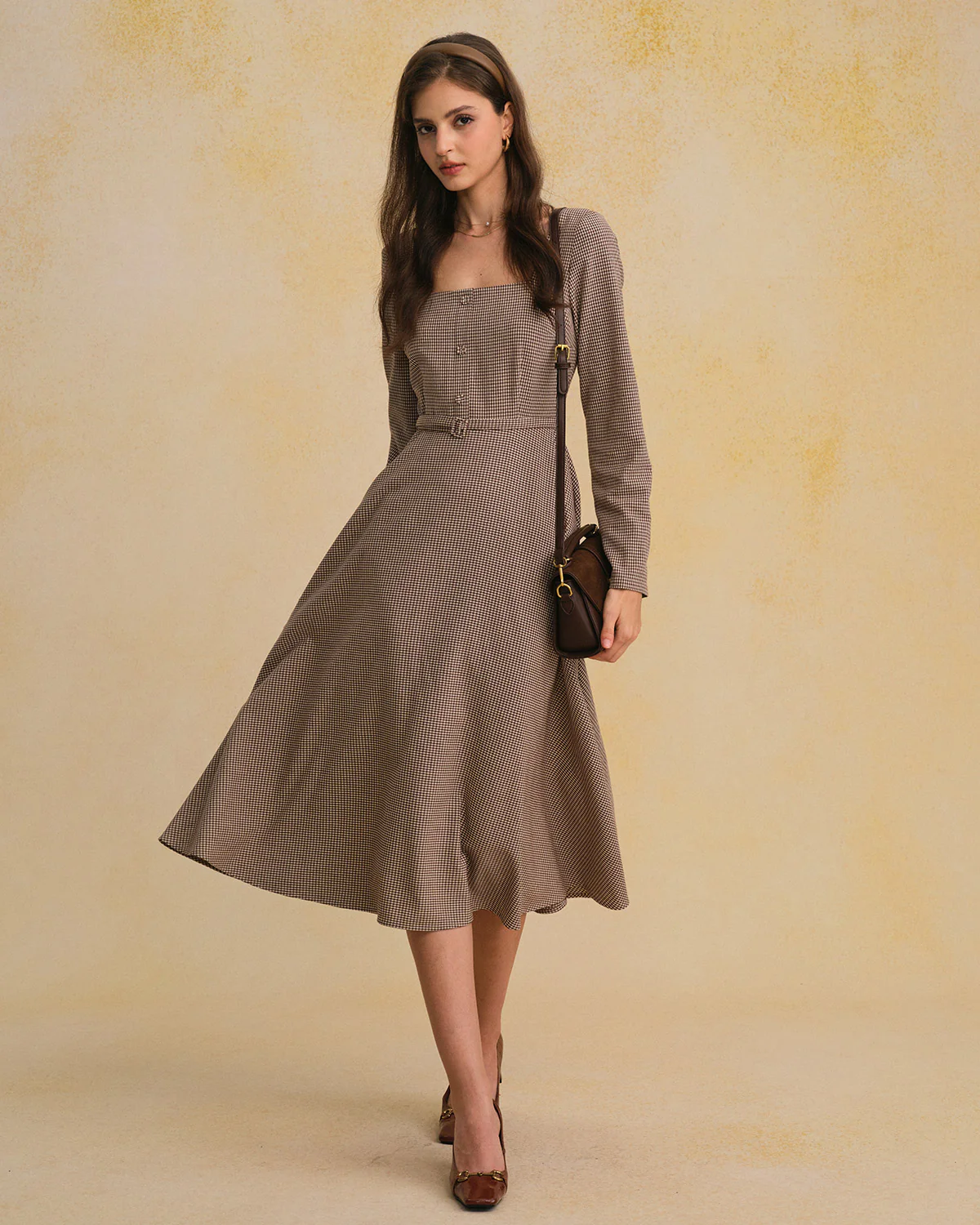Brown Gingham Square Neck Belted Maxi Dress - Image 5