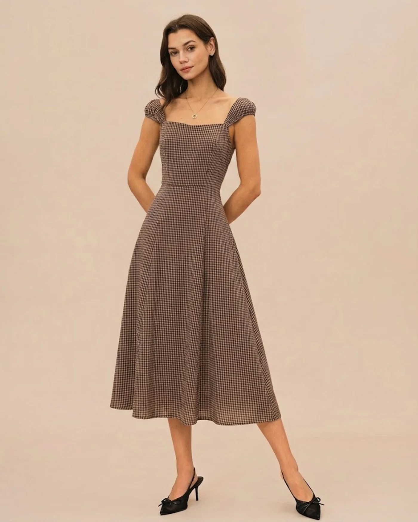 Brown Plaid Sweetheart Neck Midi Dress - Image 2