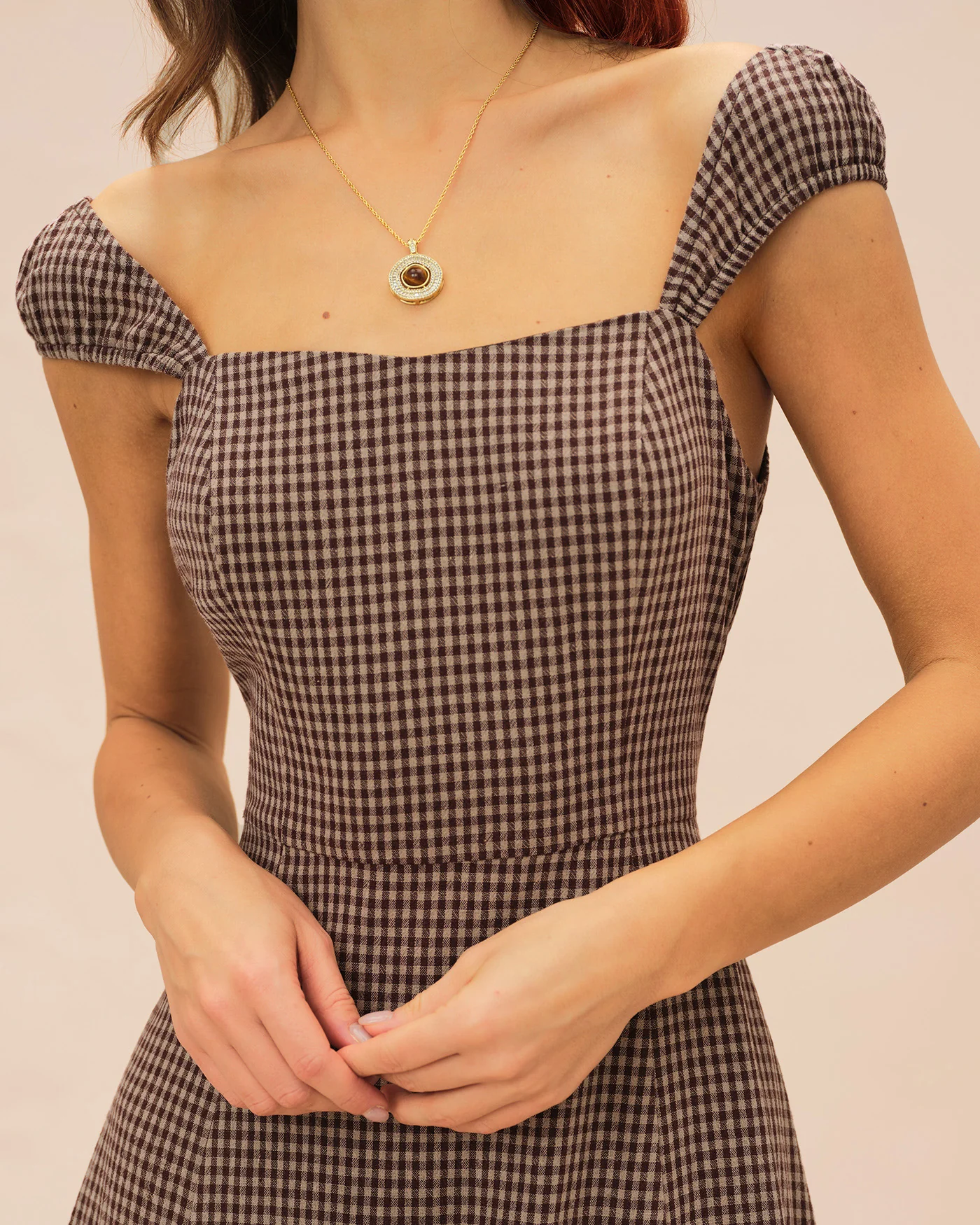 Brown Plaid Sweetheart Neck Midi Dress - Image 3