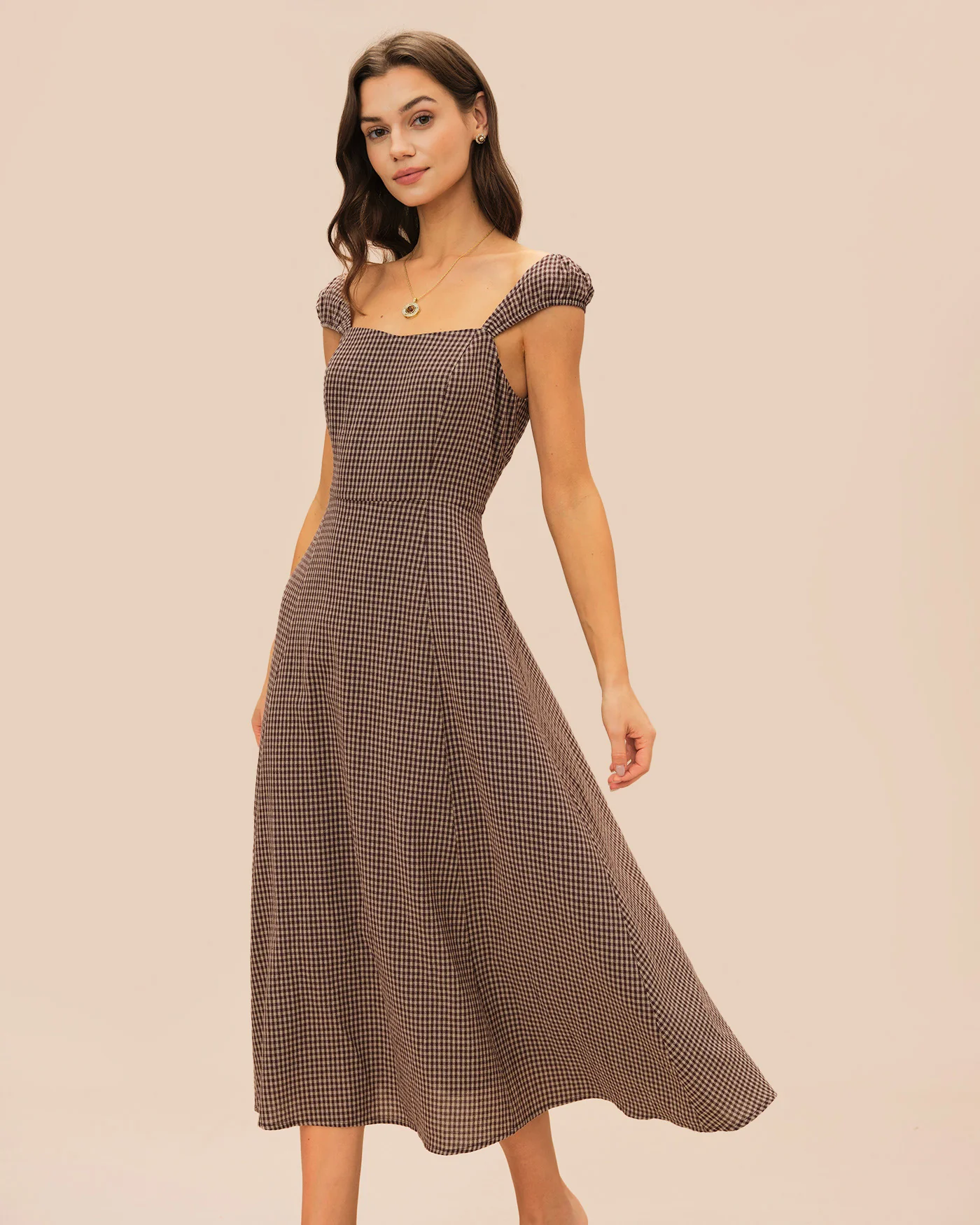 Brown Plaid Sweetheart Neck Midi Dress - Image 4