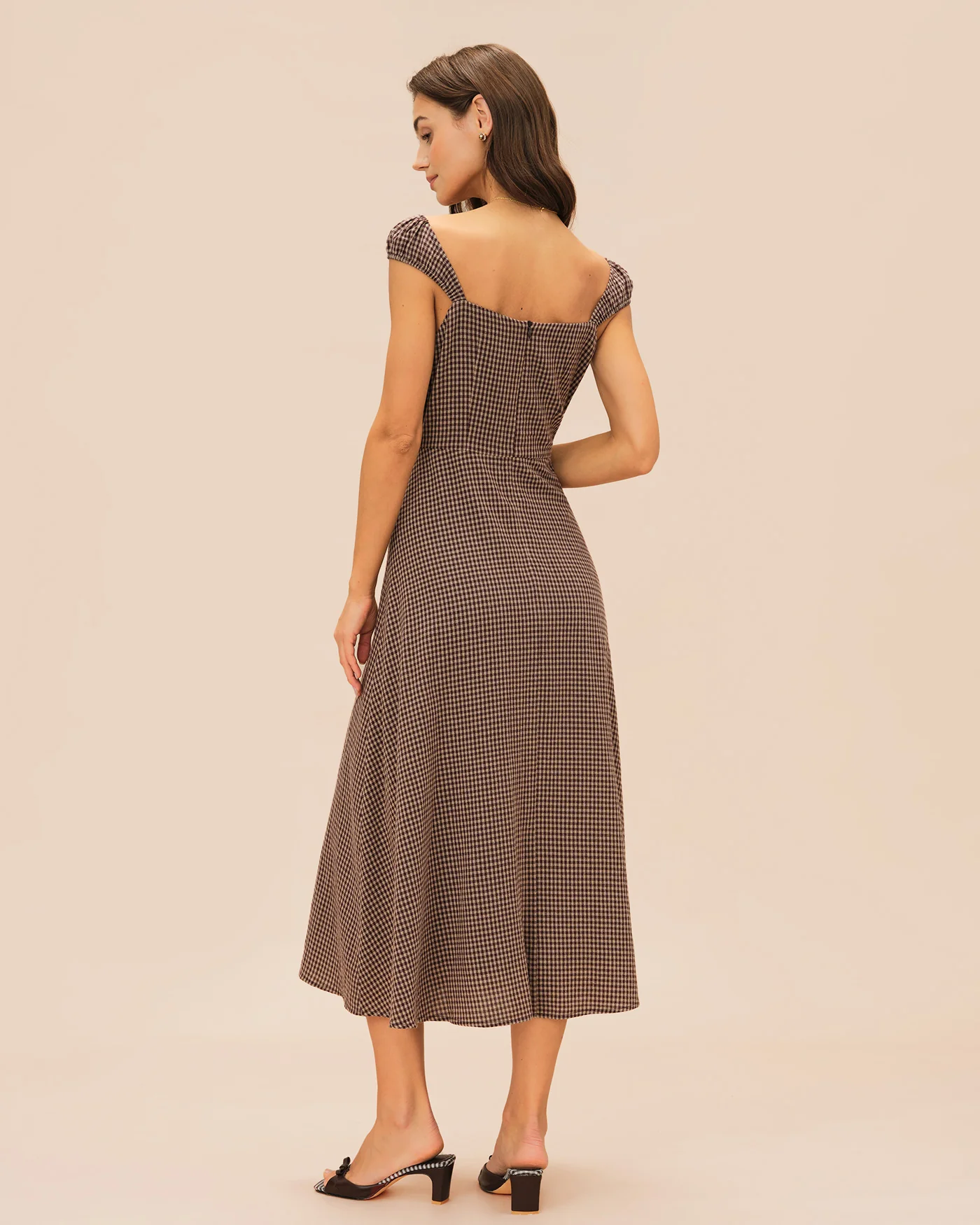 Brown Plaid Sweetheart Neck Midi Dress - Image 5