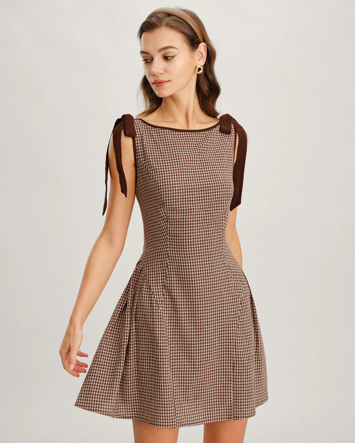 Brown Gingham Tie Strap Mini Dress - Image 3