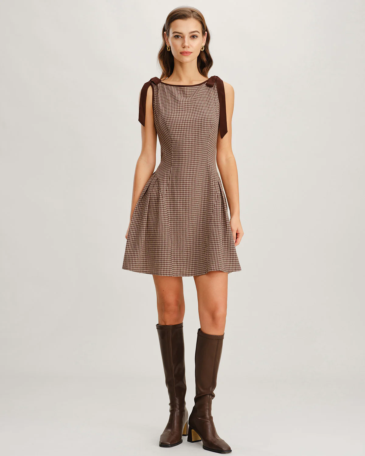 Brown Gingham Tie Strap Mini Dress - Image 4