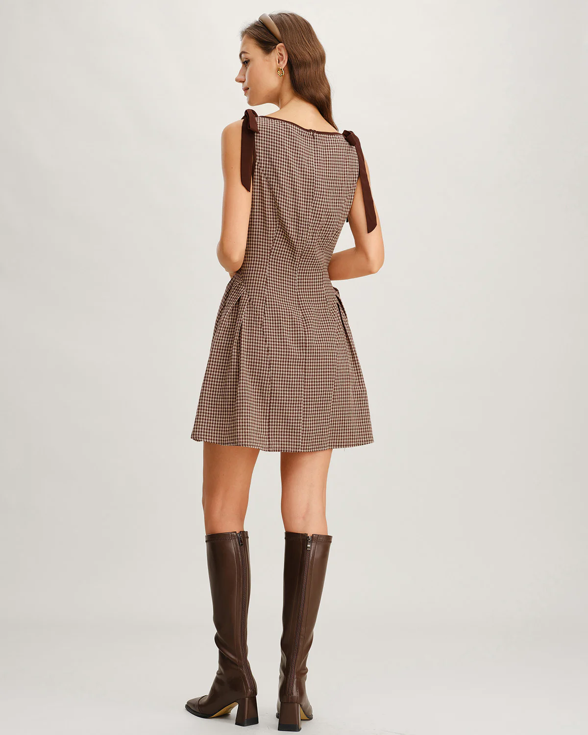 Brown Gingham Tie Strap Mini Dress - Image 5