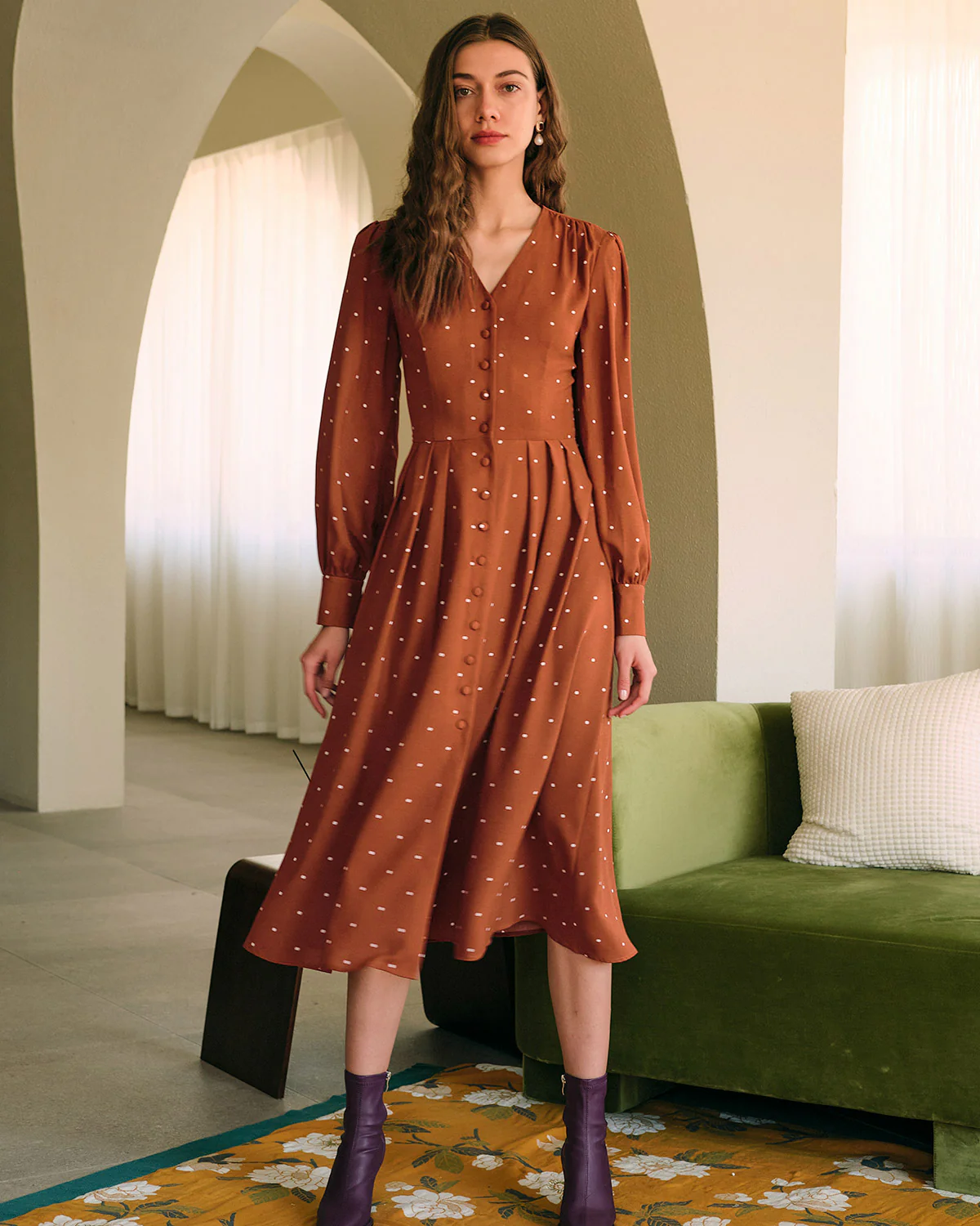 Brown Polka Dot Pleated Midi Dress - Image 3