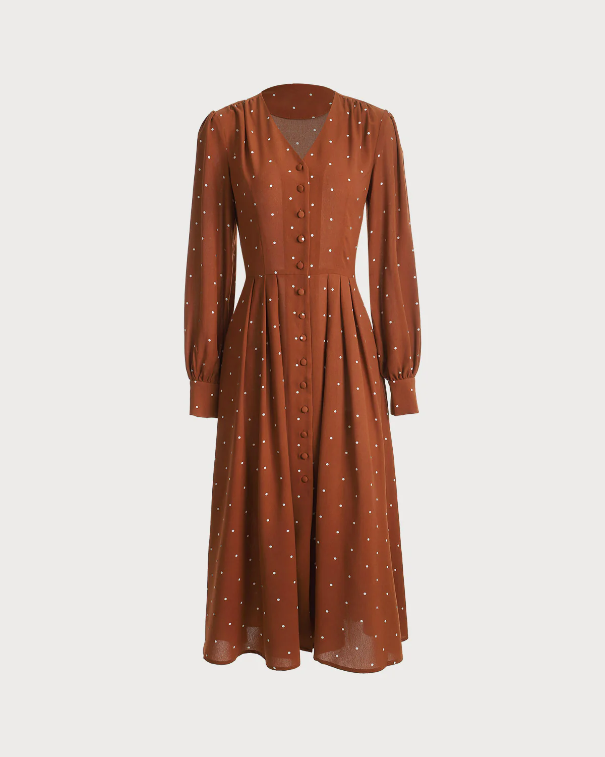Brown Polka Dot Pleated Midi Dress - Image 4