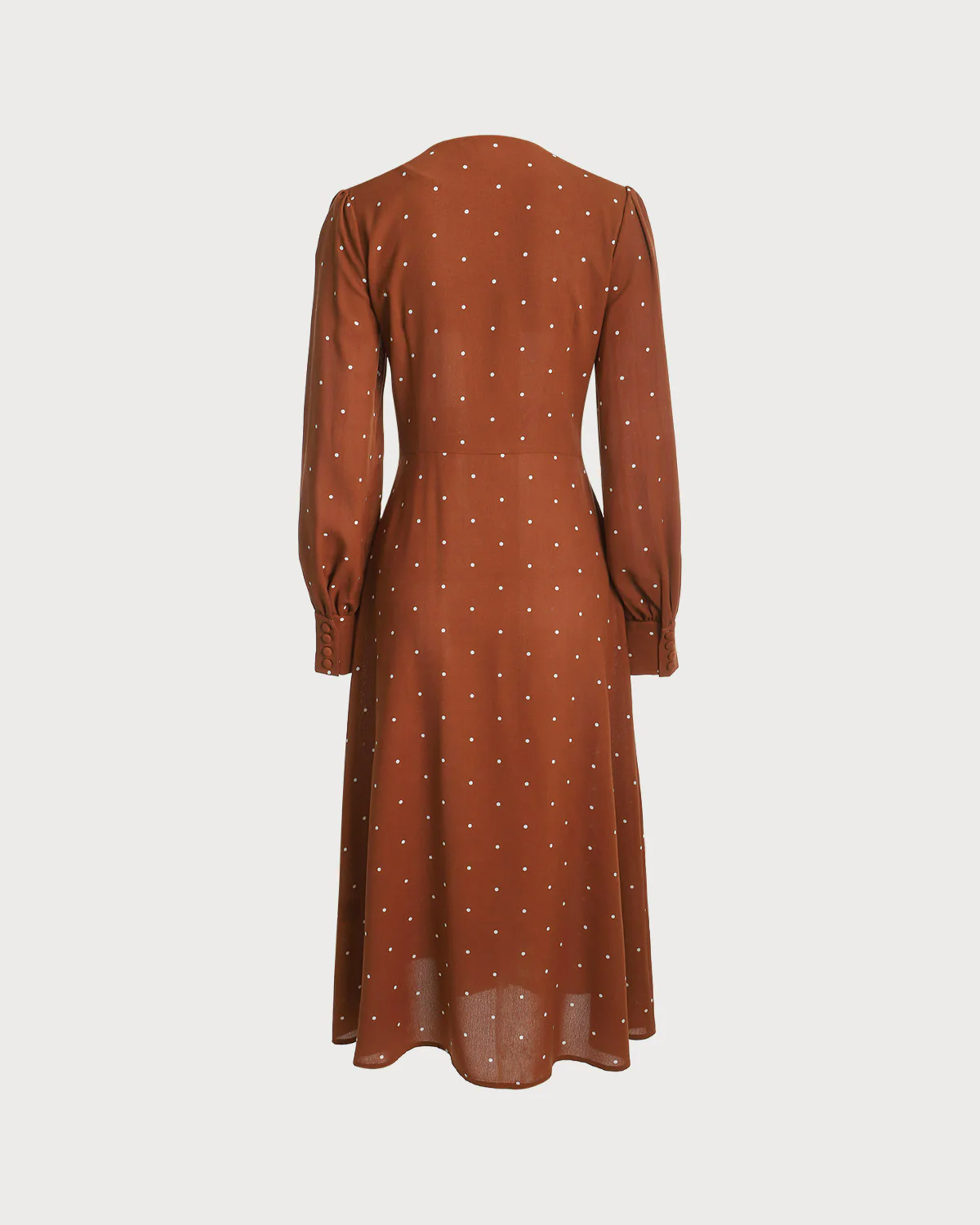 Brown Polka Dot Pleated Midi Dress - Image 5