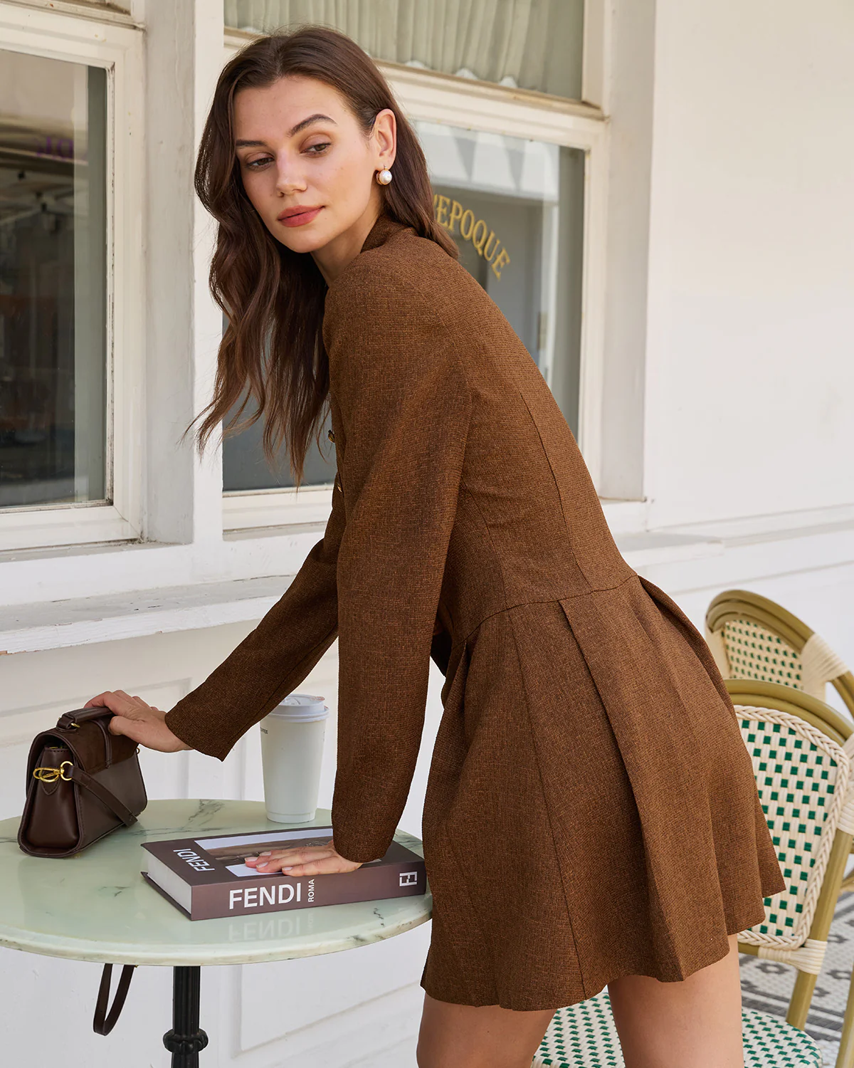 Brown Ruched Button A-Line Mini Dress - Image 2