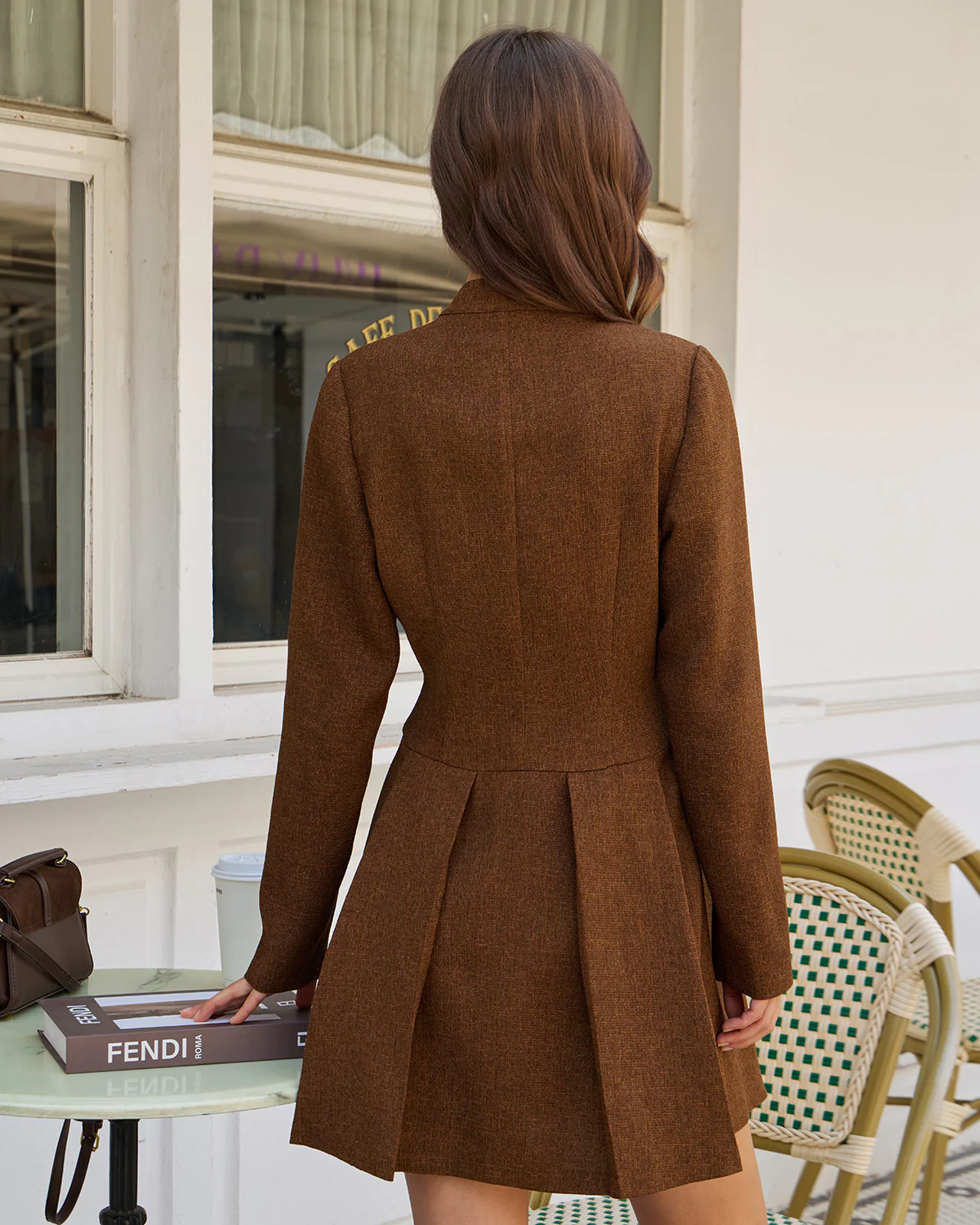 Brown Ruched Button A-Line Mini Dress - Image 4