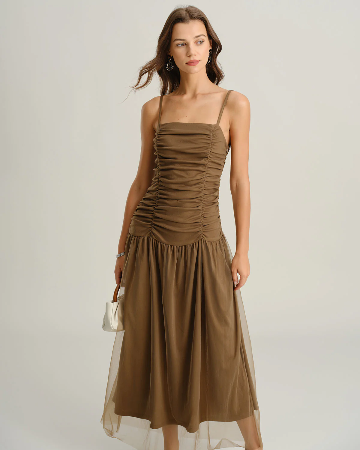 Brown Ruched Mesh Slip Maxi Dress - Image 5