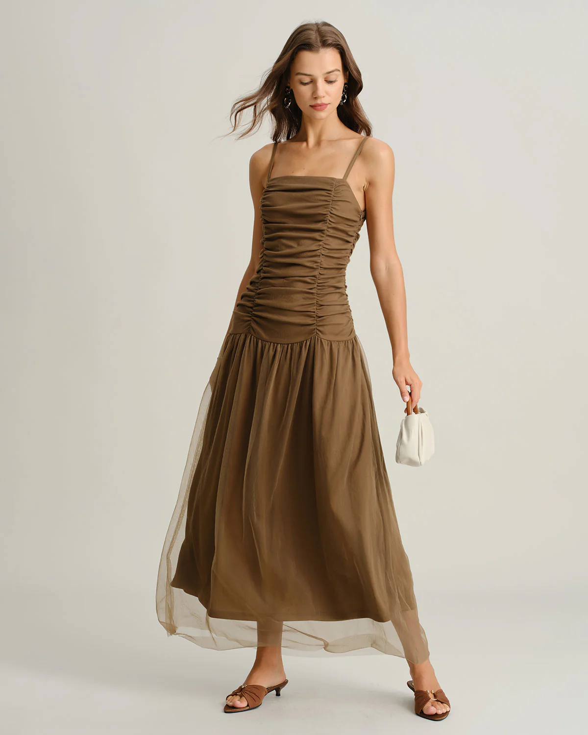 Brown Ruched Mesh Slip Maxi Dress - Image 7