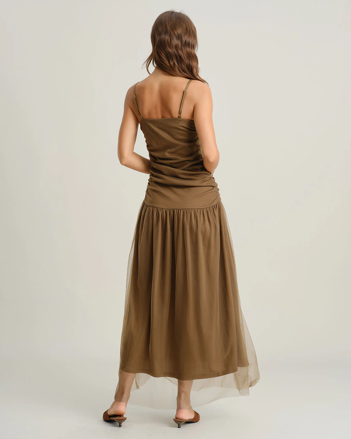 Brown Ruched Mesh Slip Maxi Dress - Image 8
