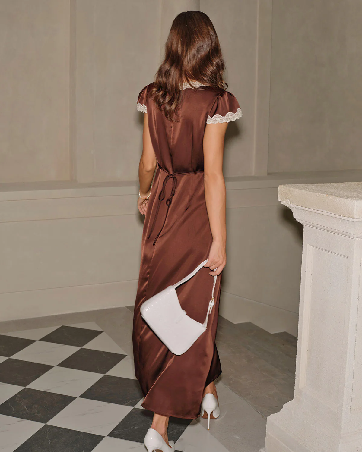 Brown Satin V Neck Lace Maxi Dress - Image 6