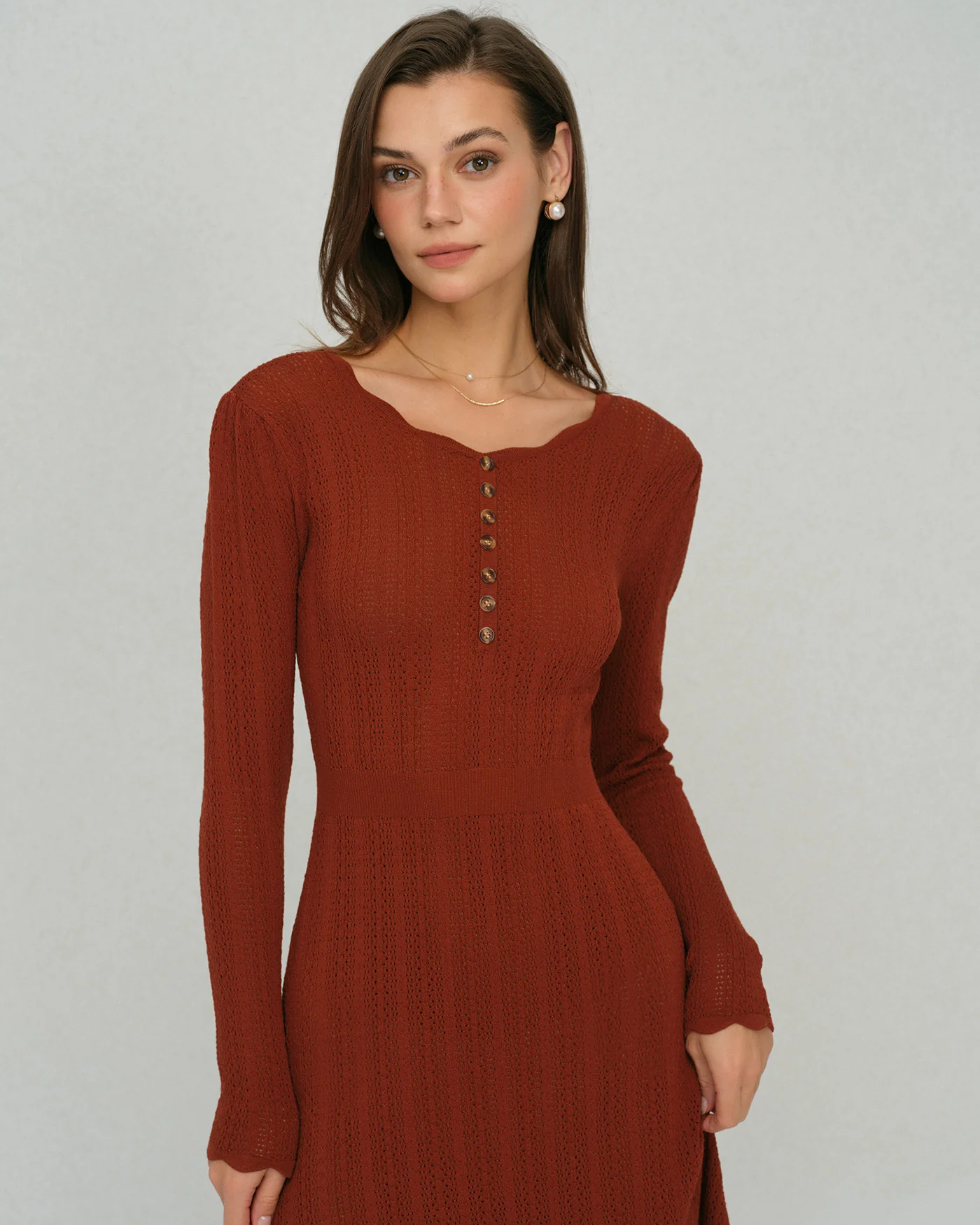 Brown Scalloped A-Line Sweater Dress - Image 3
