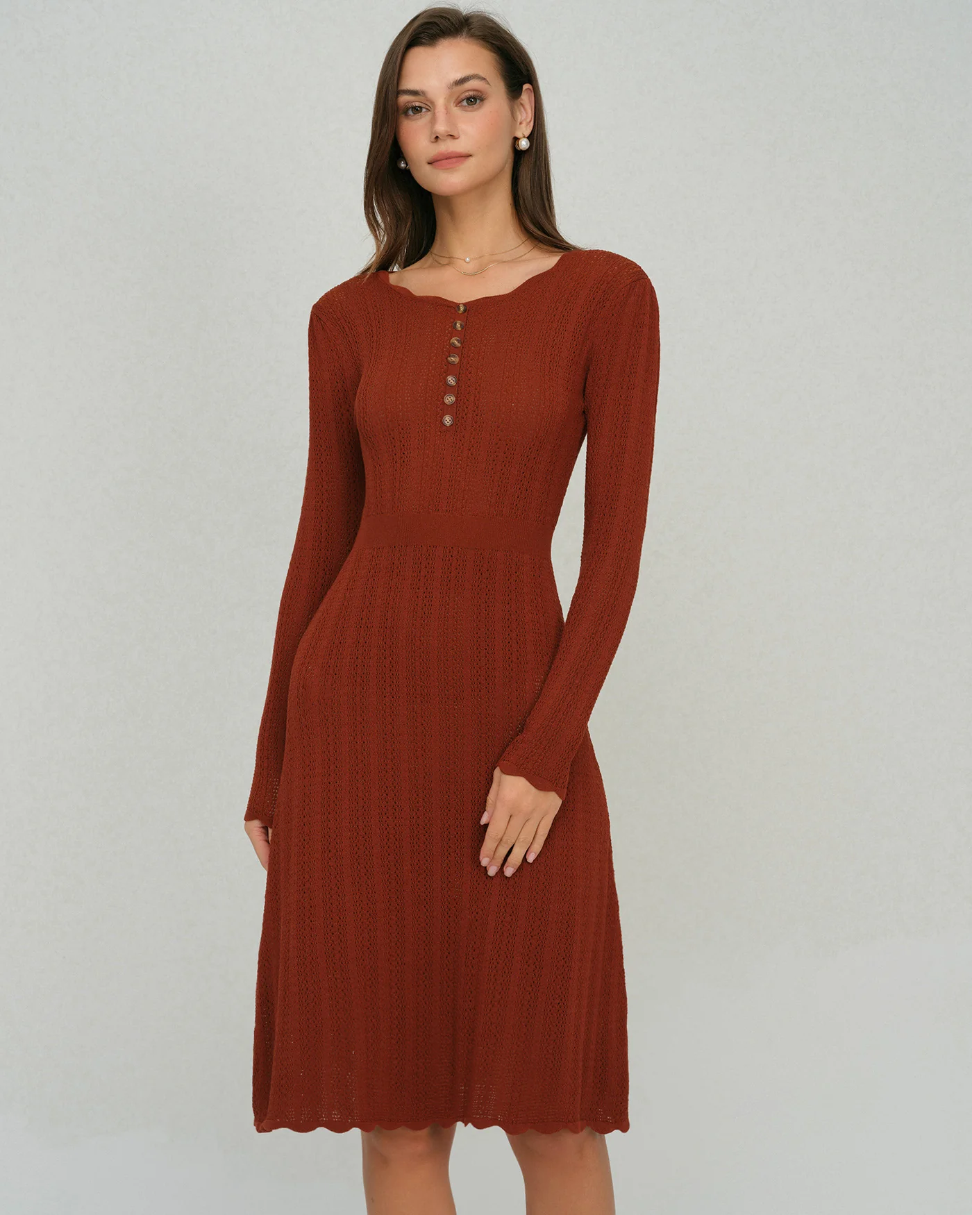 Brown Scalloped A-Line Sweater Dress - Image 4