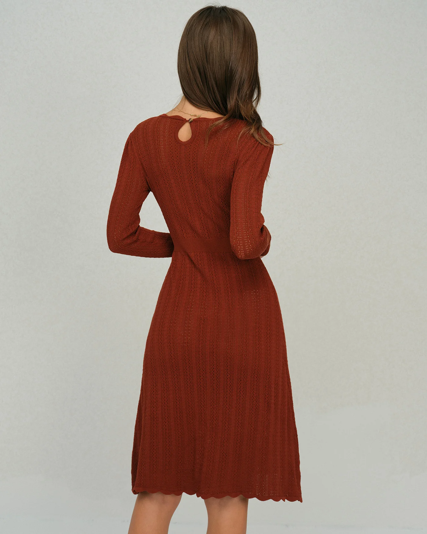 Brown Scalloped A-Line Sweater Dress - Image 5