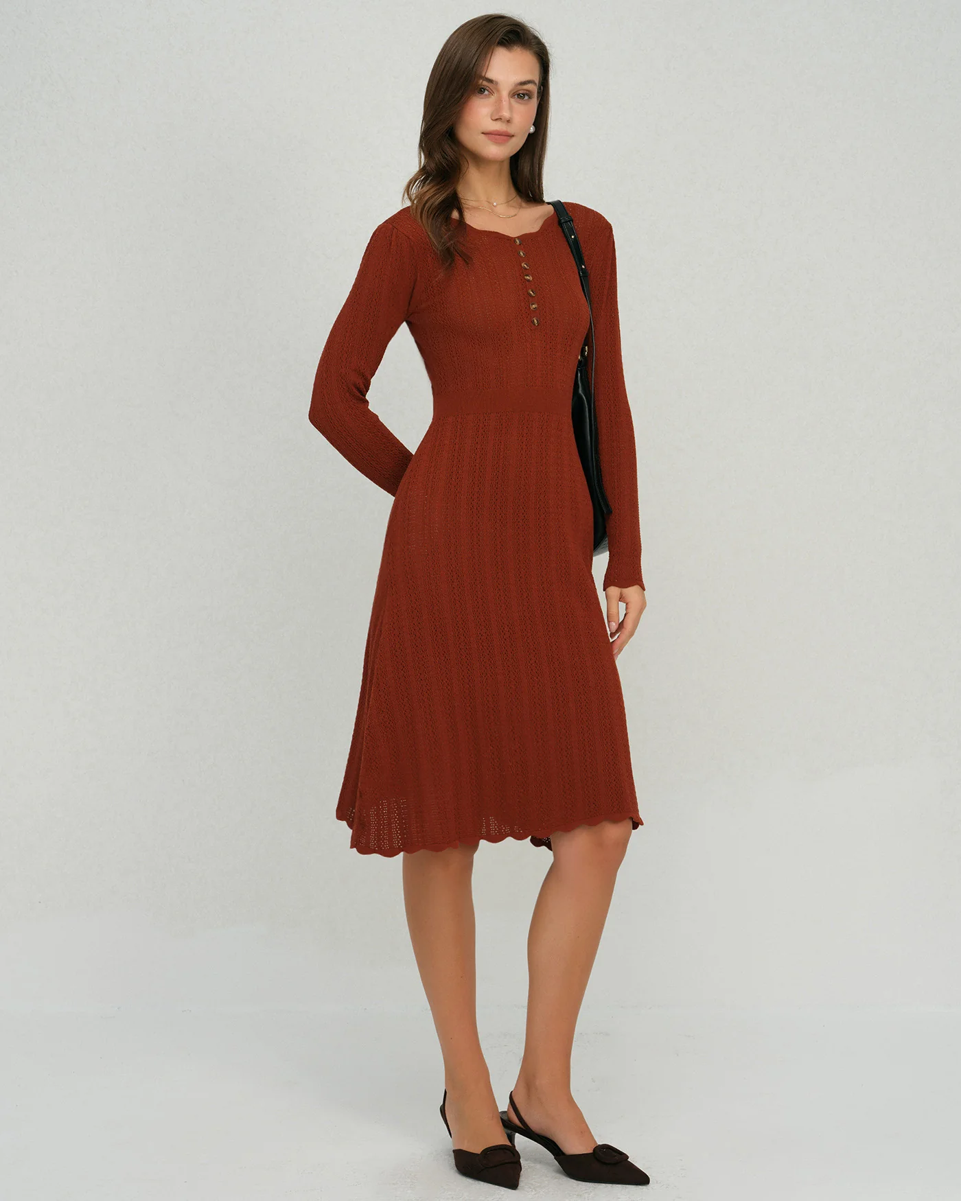 Brown Scalloped A-Line Sweater Dress - Image 6