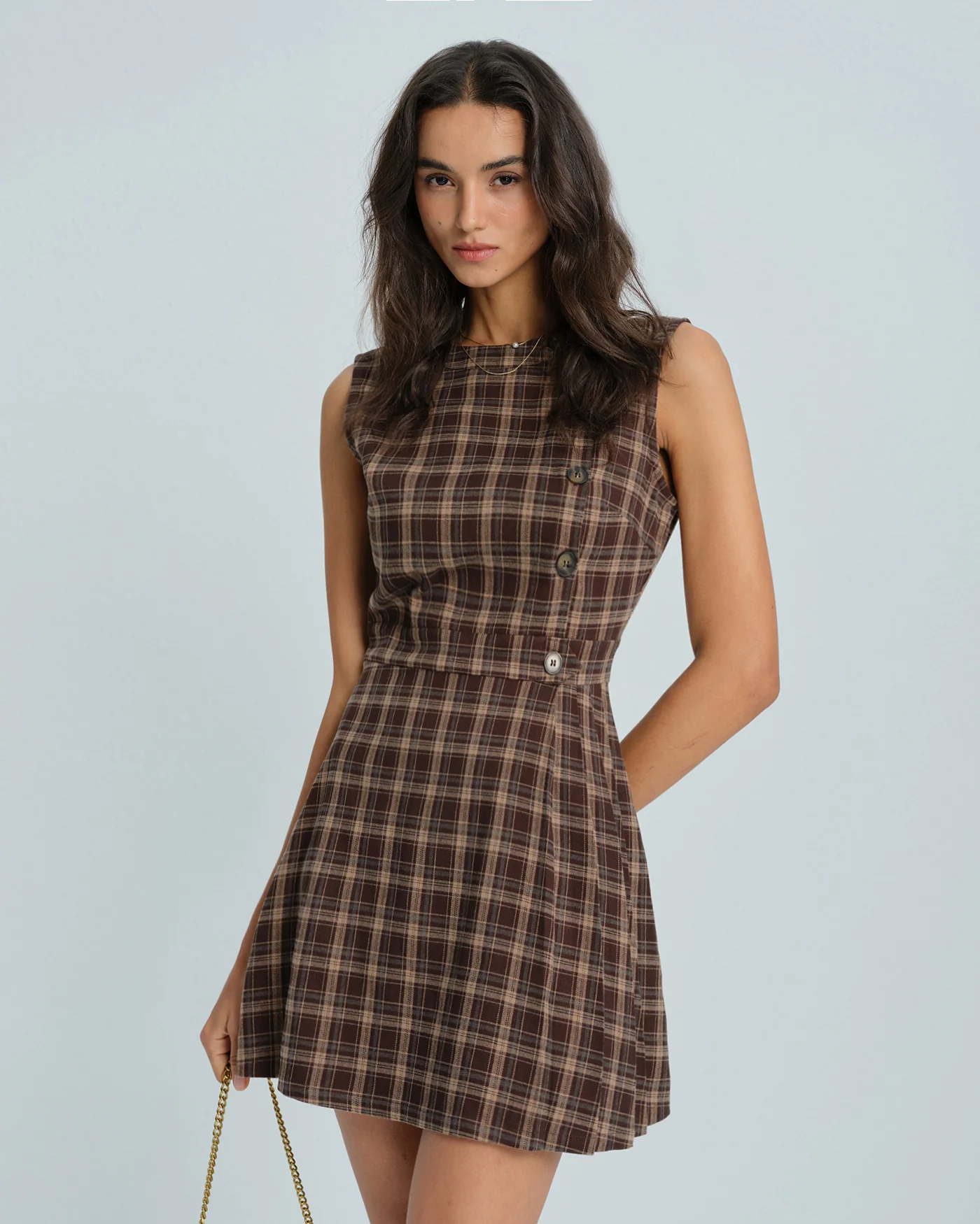 Brown Sleeveless Plaid Mini Dress - Image 2
