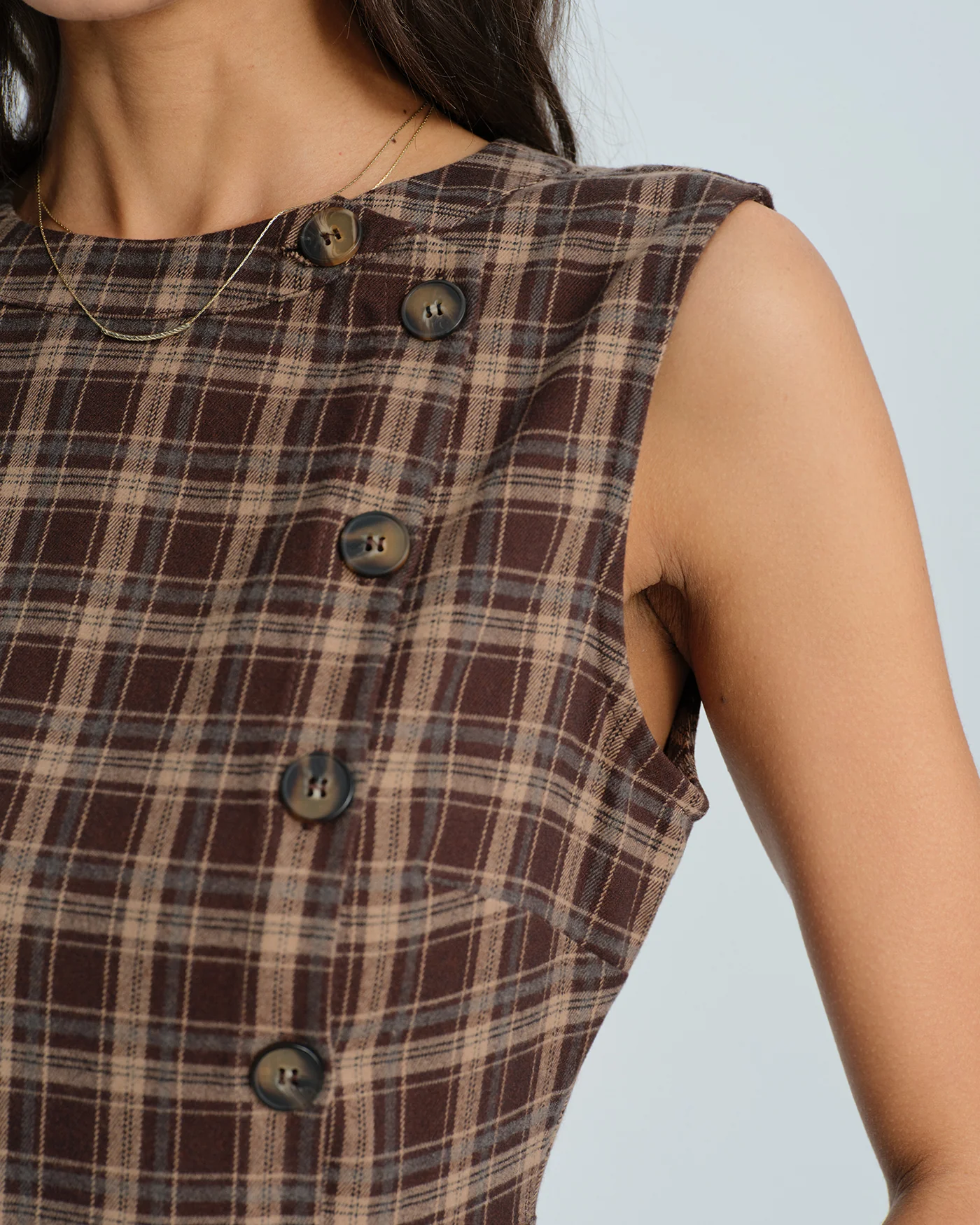 Brown Sleeveless Plaid Mini Dress - Image 3