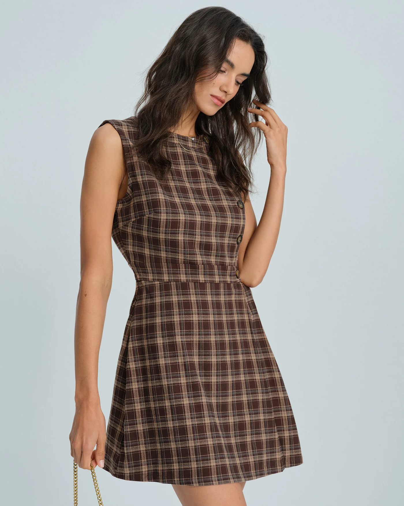 Brown Sleeveless Plaid Mini Dress - Image 5
