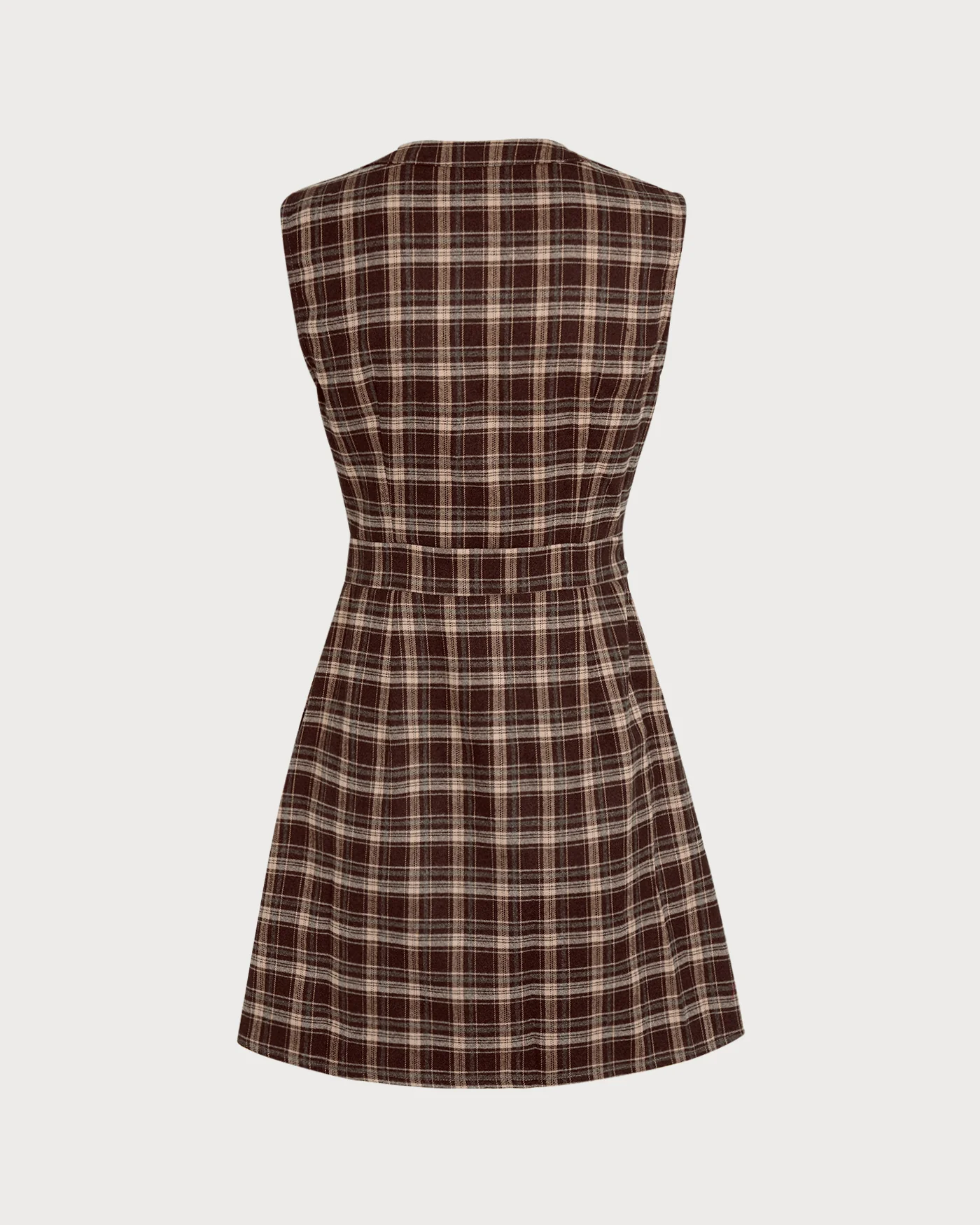 Brown Sleeveless Plaid Mini Dress - Image 9
