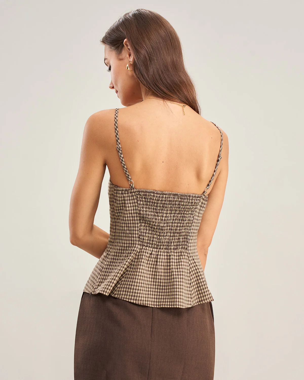 Brown Sleeveless Plaid Shirred Cami Top - Image 3