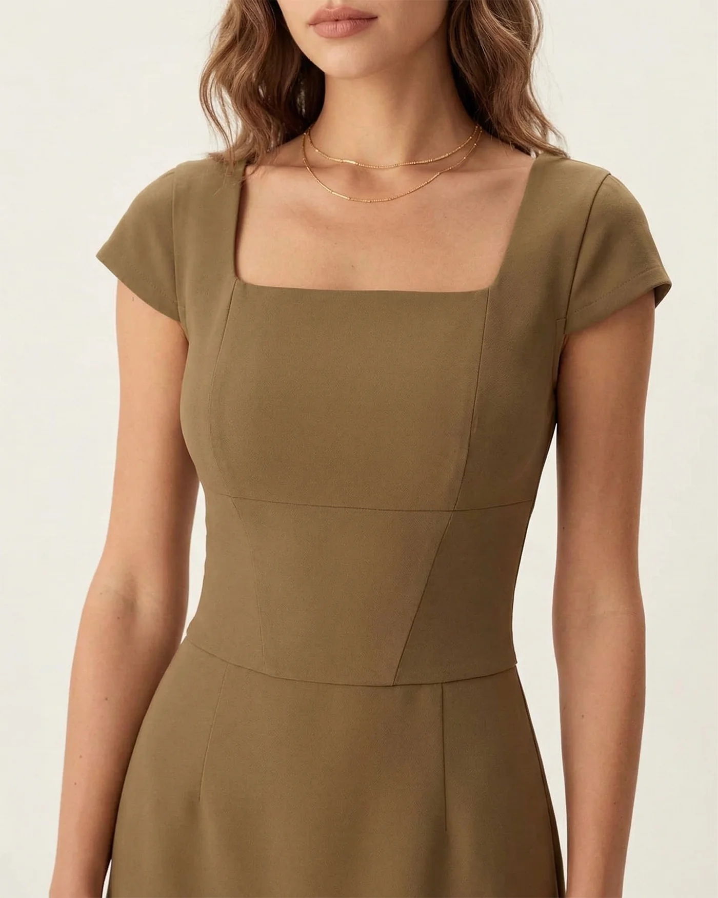 Brown Square Neck Cap Sleeve Mini Dress - Image 2