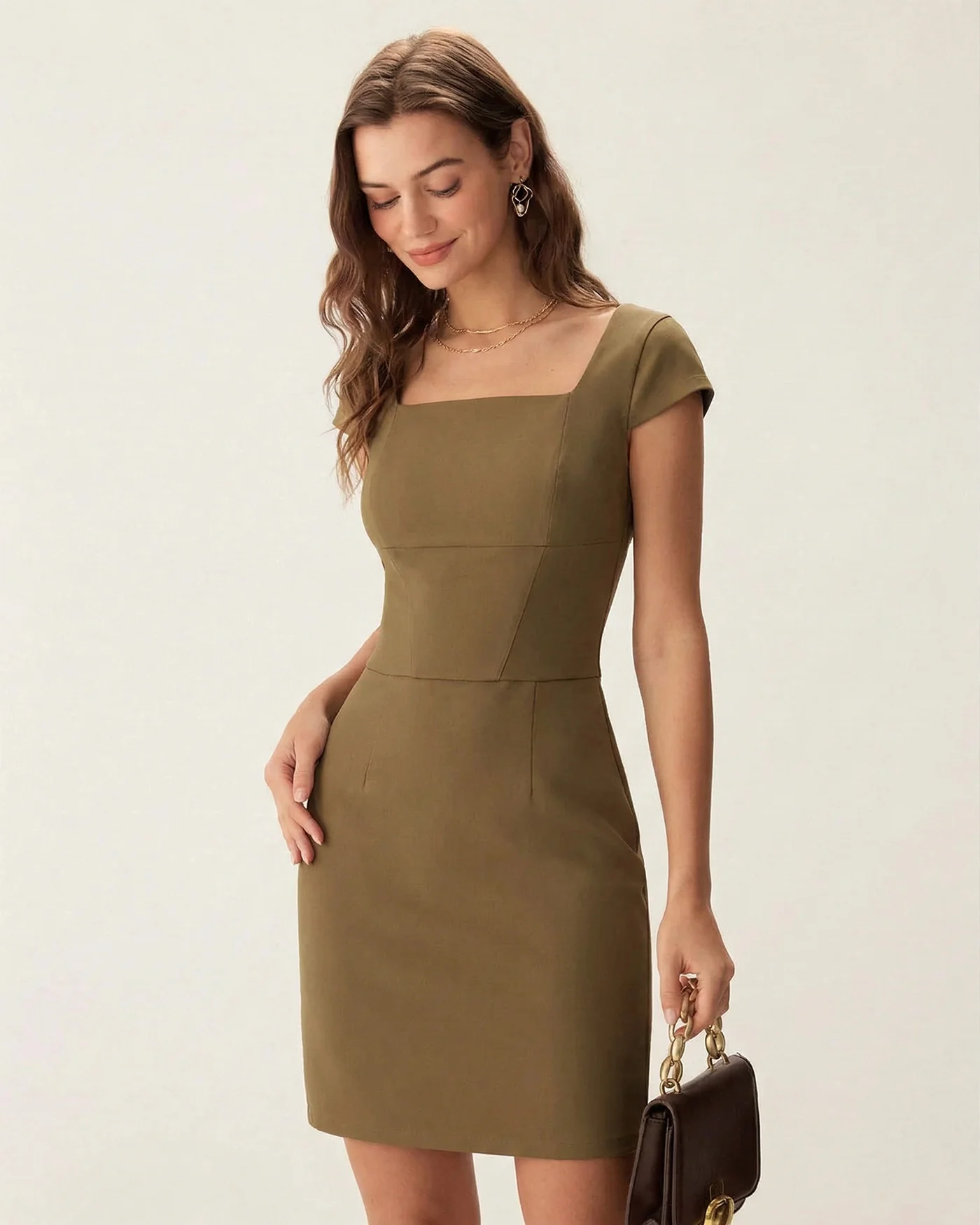 Brown Square Neck Cap Sleeve Mini Dress - Image 3