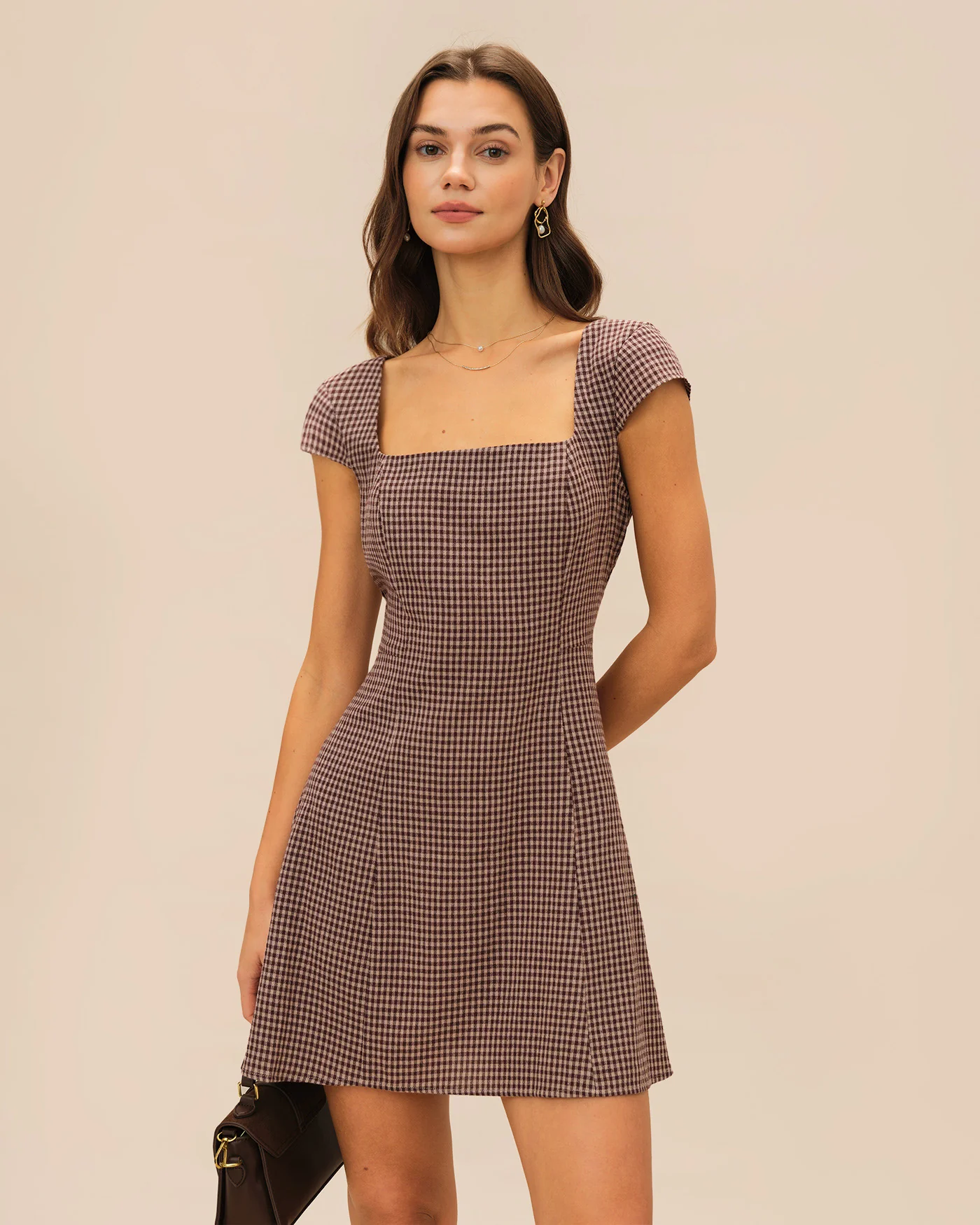 Brown Square Neck Plaid Mini Dress - Image 2