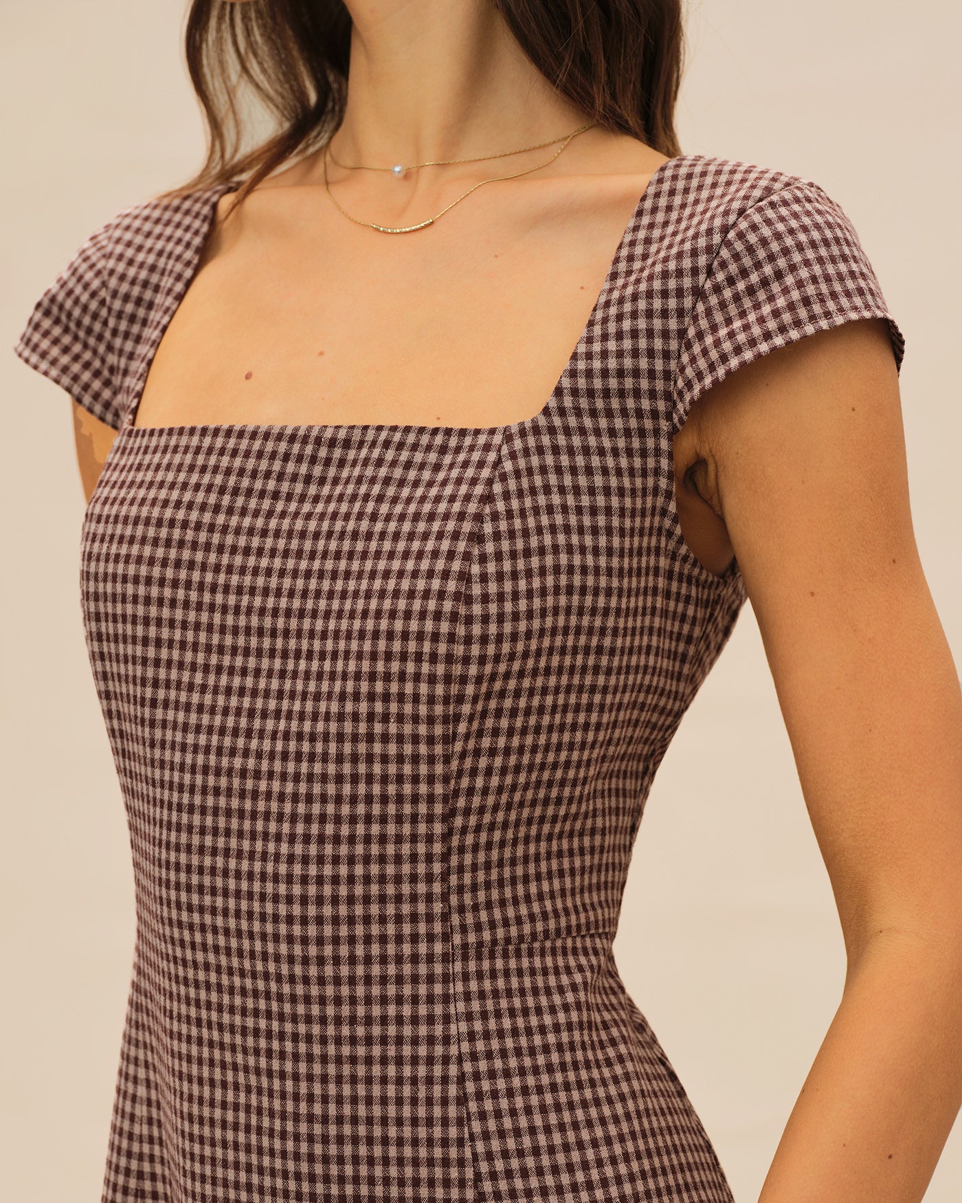 Brown Square Neck Plaid Mini Dress - Image 3