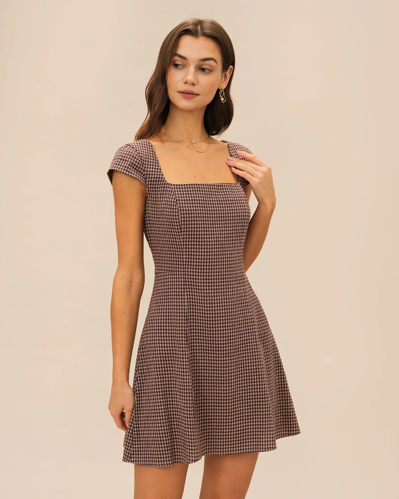 Brown Square Neck Plaid Mini Dress - Image 4