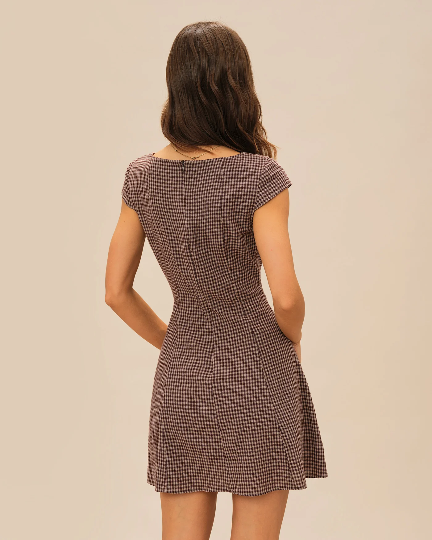 Brown Square Neck Plaid Mini Dress - Image 5