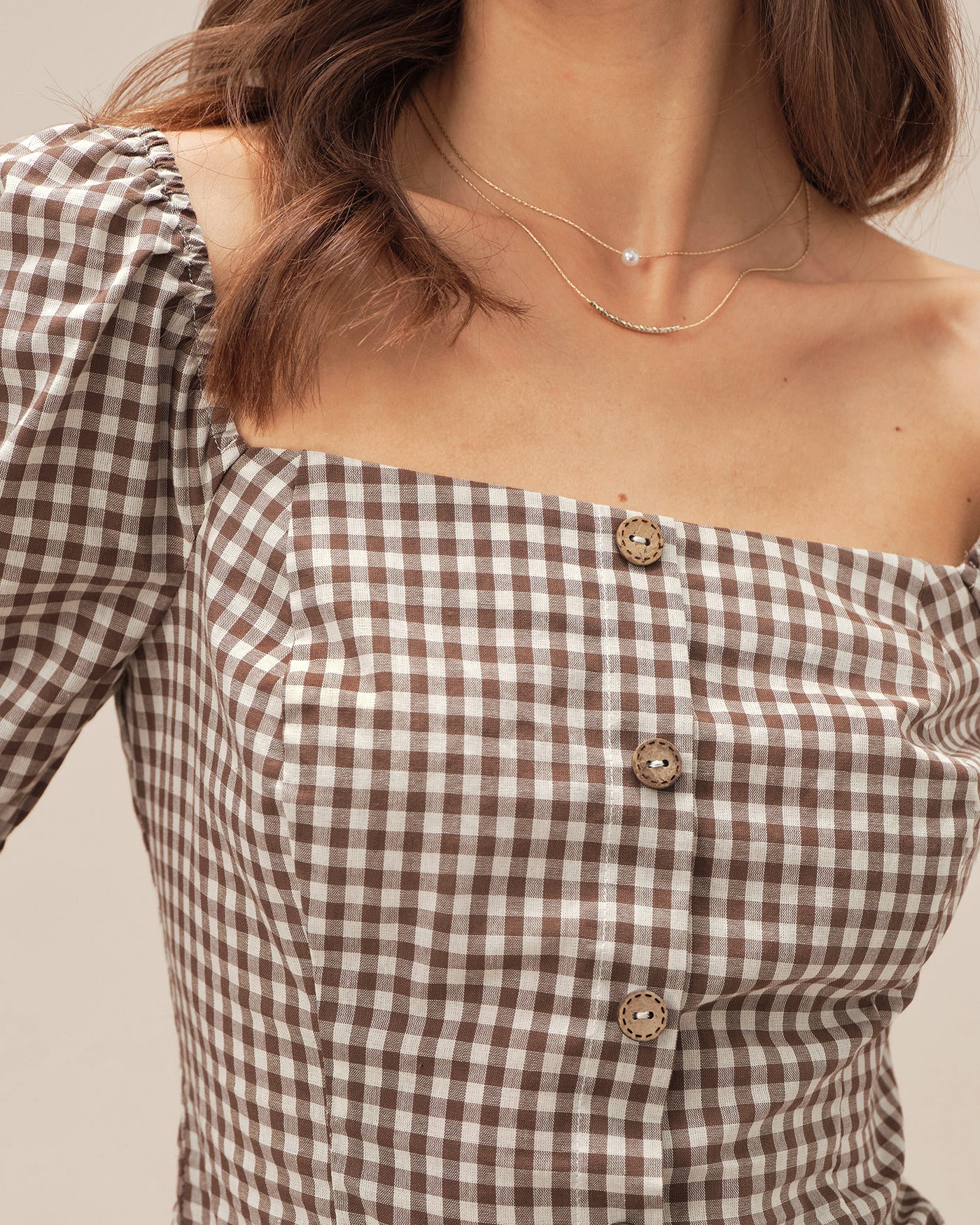 Brown Square Neck Puffed Sleeve Plaid Blouse - Image 2