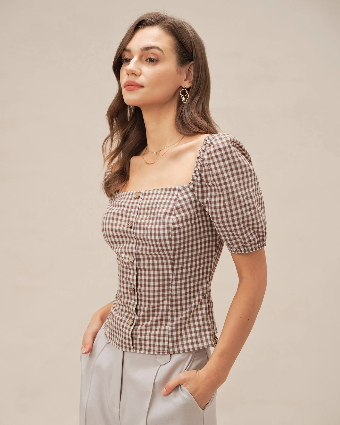 Brown Square Neck Puffed Sleeve Plaid Blouse - Image 3