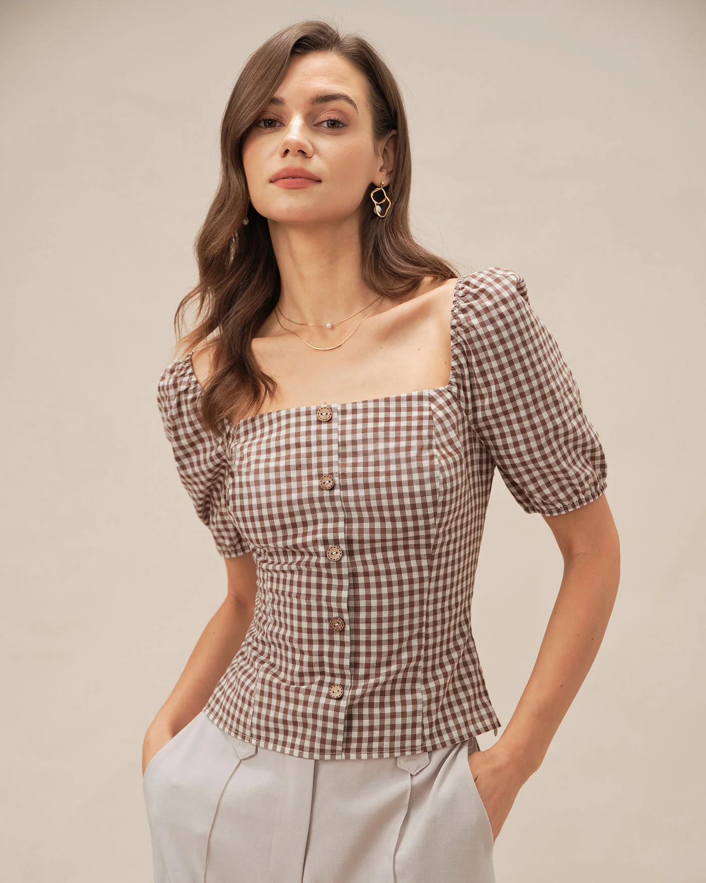 Brown Square Neck Puffed Sleeve Plaid Blouse - Image 4