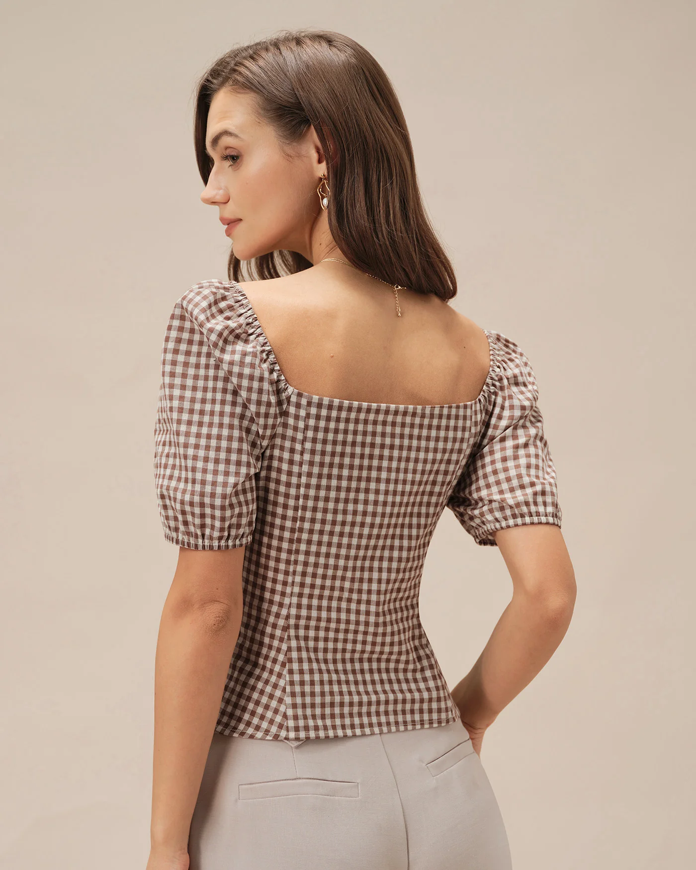 Brown Square Neck Puffed Sleeve Plaid Blouse - Image 5