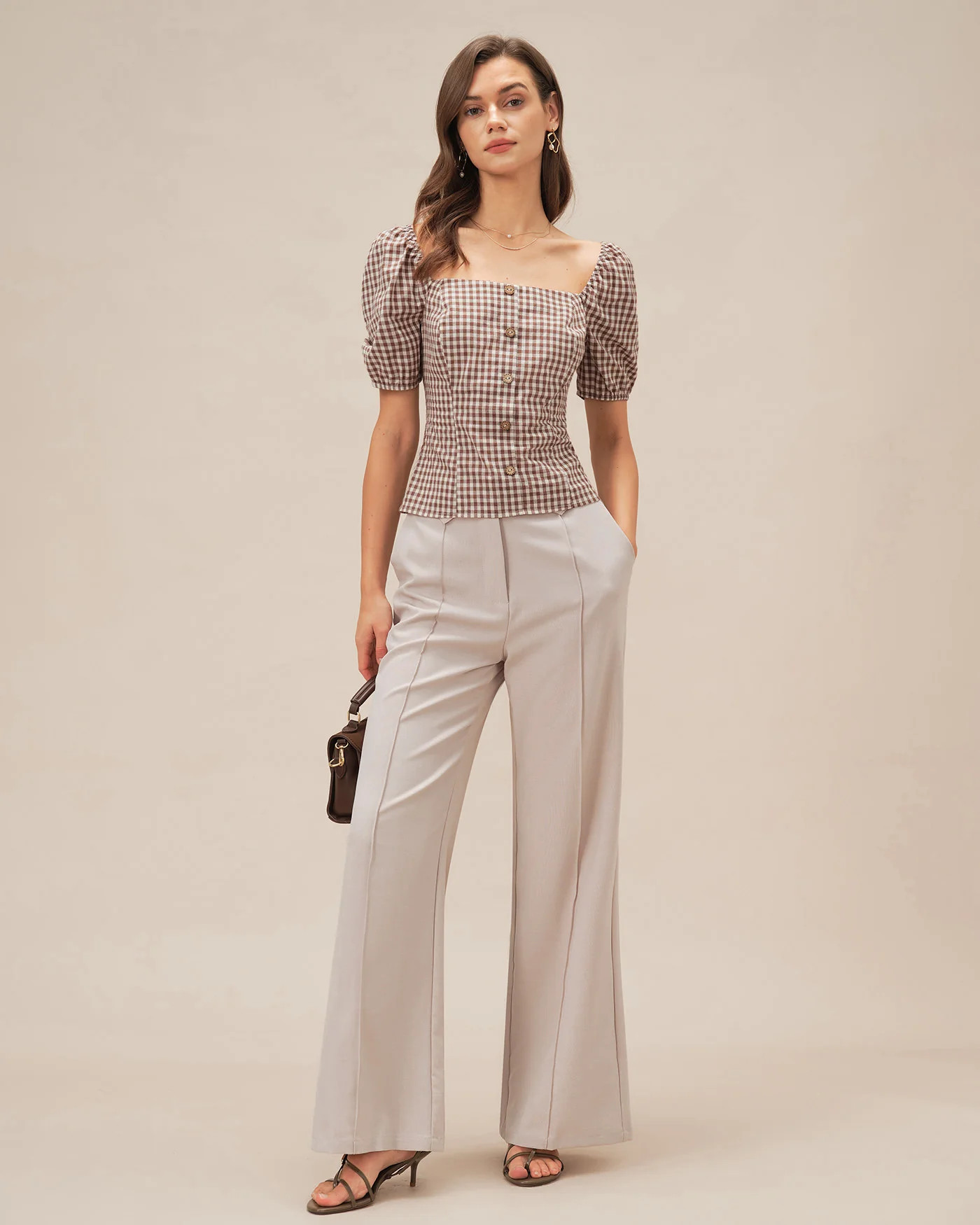 Brown Square Neck Puffed Sleeve Plaid Blouse - Image 6