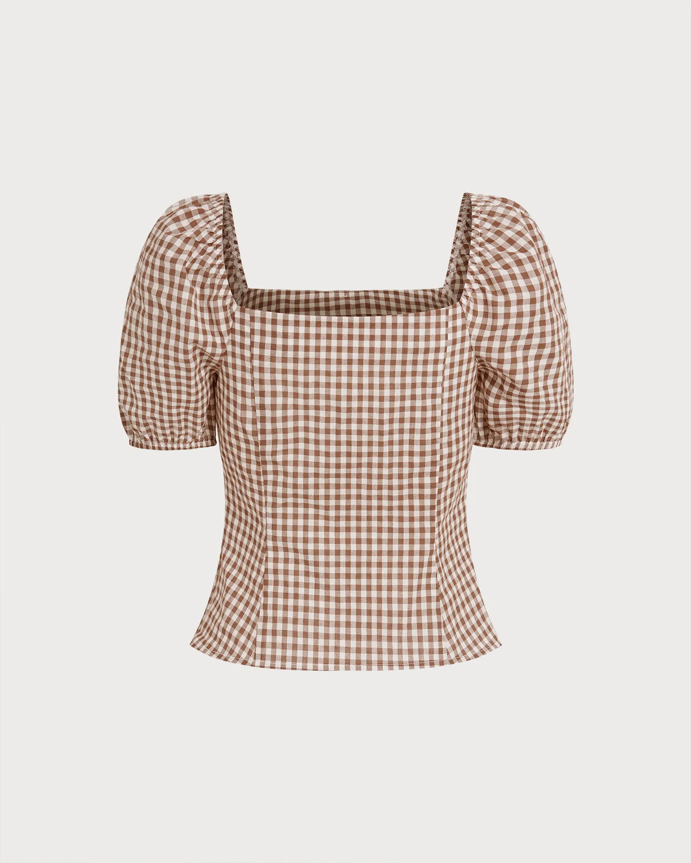 Brown Square Neck Puffed Sleeve Plaid Blouse - Image 7