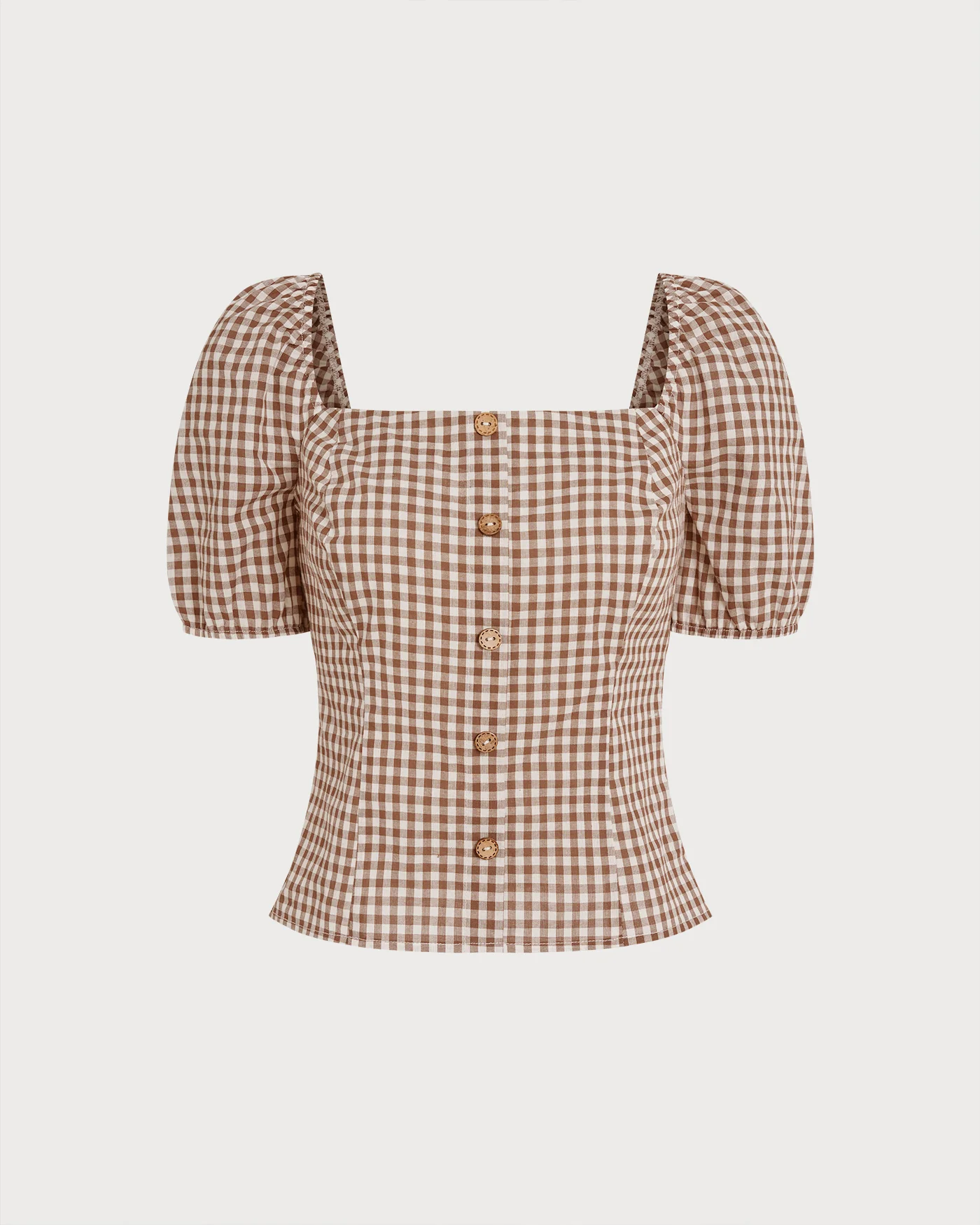 Brown Square Neck Puffed Sleeve Plaid Blouse - Image 9