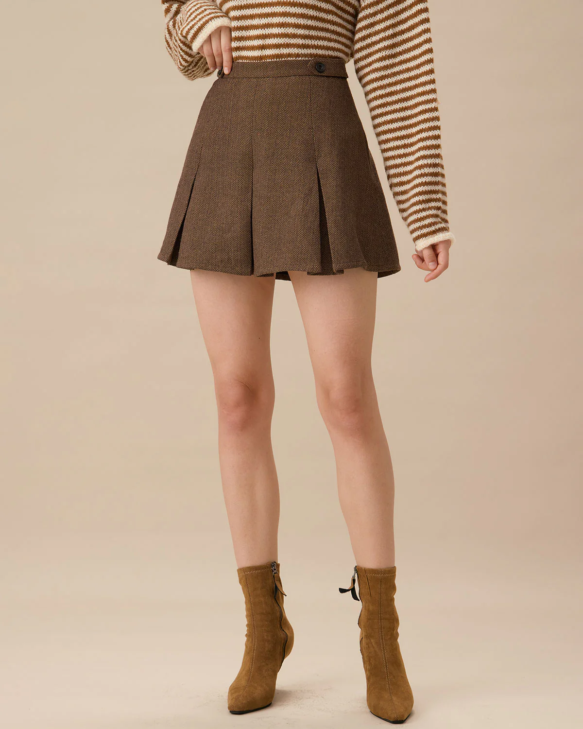 Brown Striped Pleated Mini Skirt - Image 3
