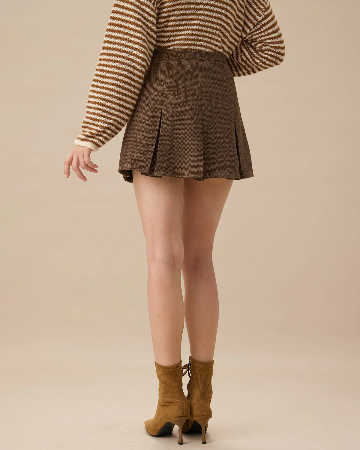 Brown Striped Pleated Mini Skirt - Image 4